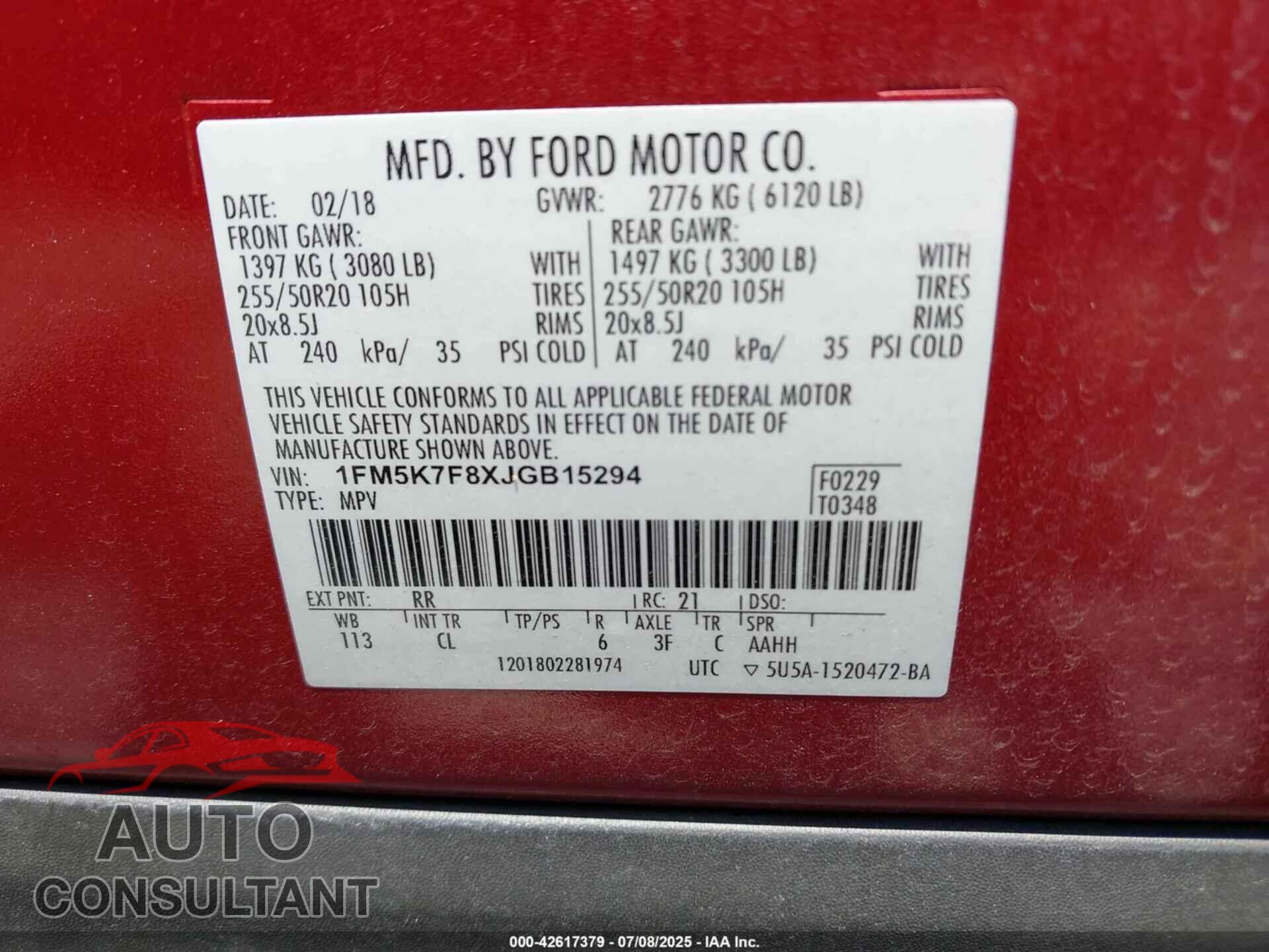 FORD EXPLORER 2018 - 1FM5K7F8XJGB15294