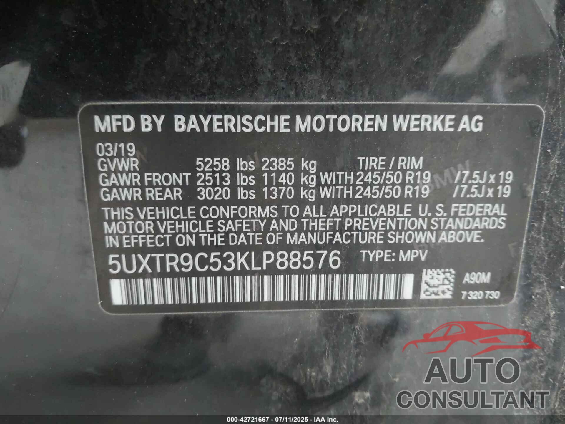 BMW X3 2019 - 5UXTR9C53KLP88576