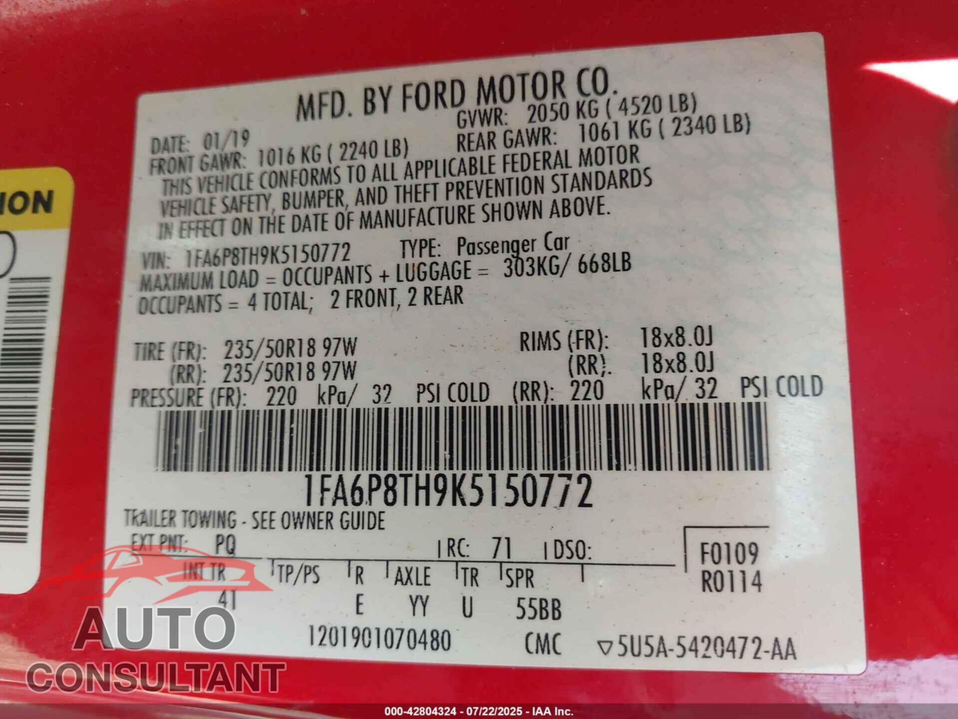 FORD MUSTANG 2019 - 1FA6P8TH9K5150772