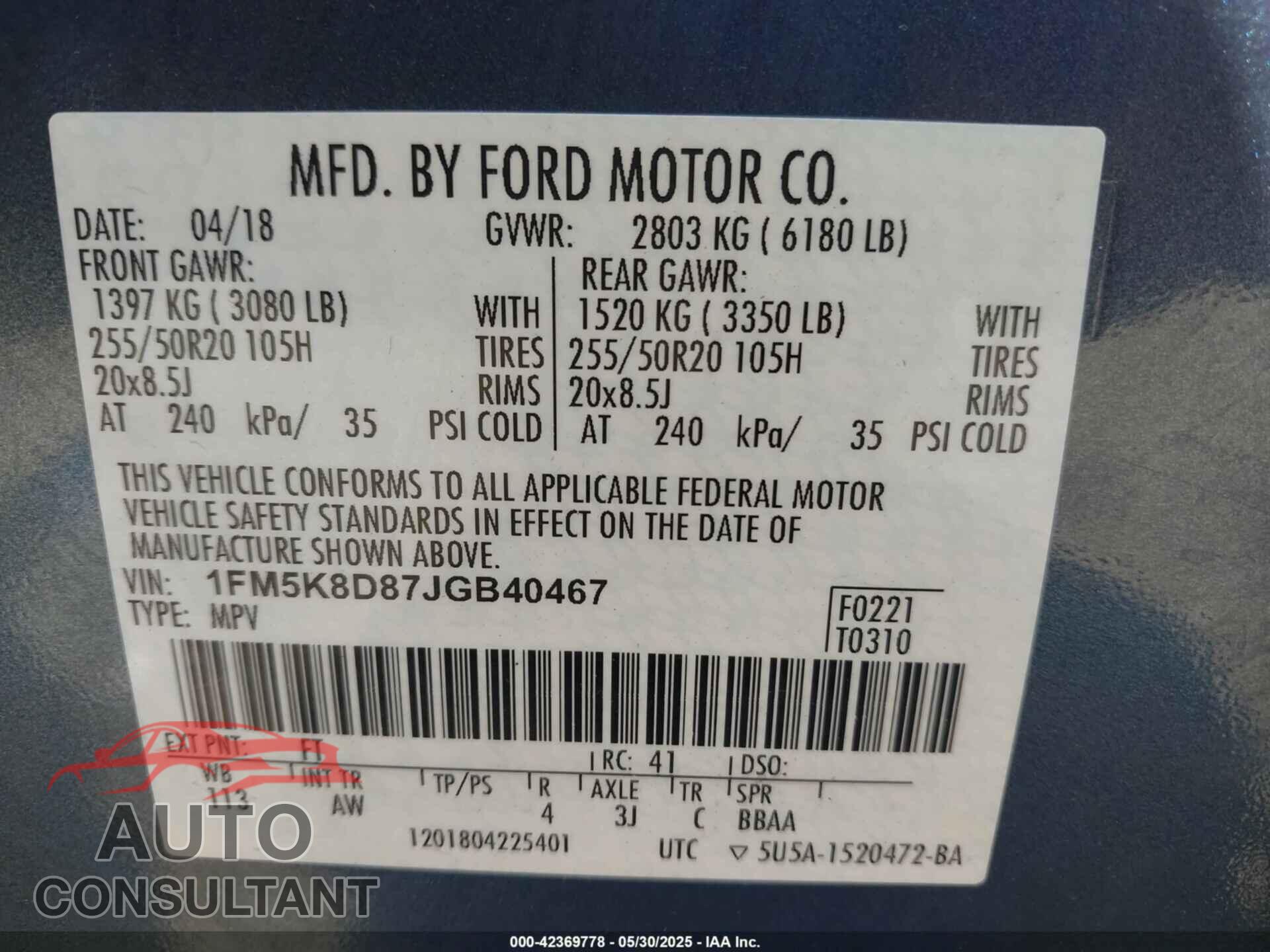 FORD EXPLORER 2018 - 1FM5K8D87JGB40467