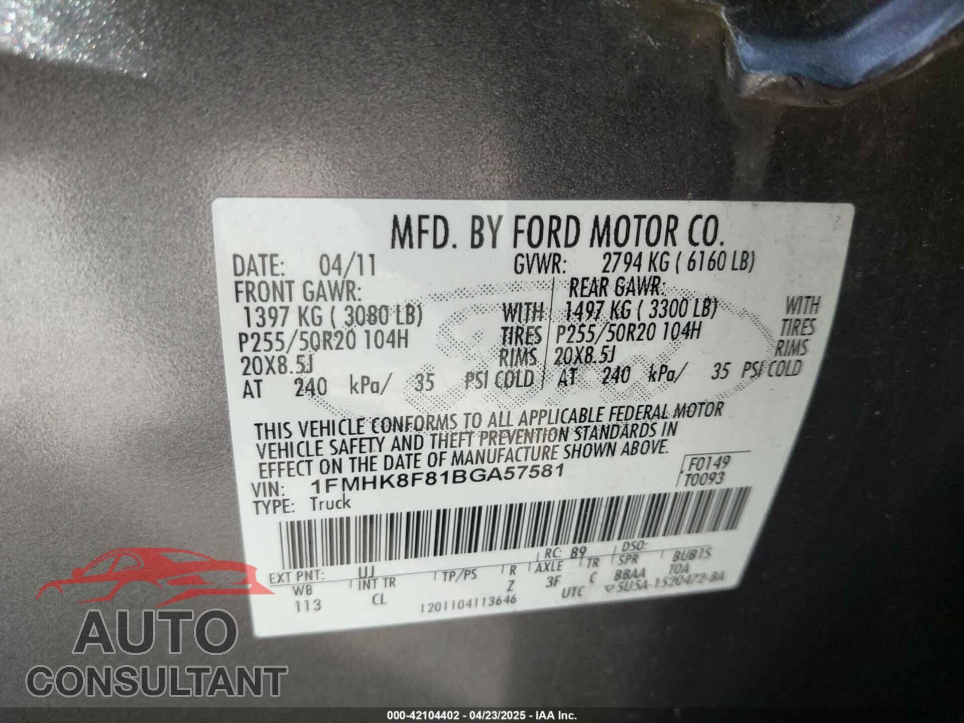 FORD EXPLORER 2011 - 1FMHK8F81BGA57581