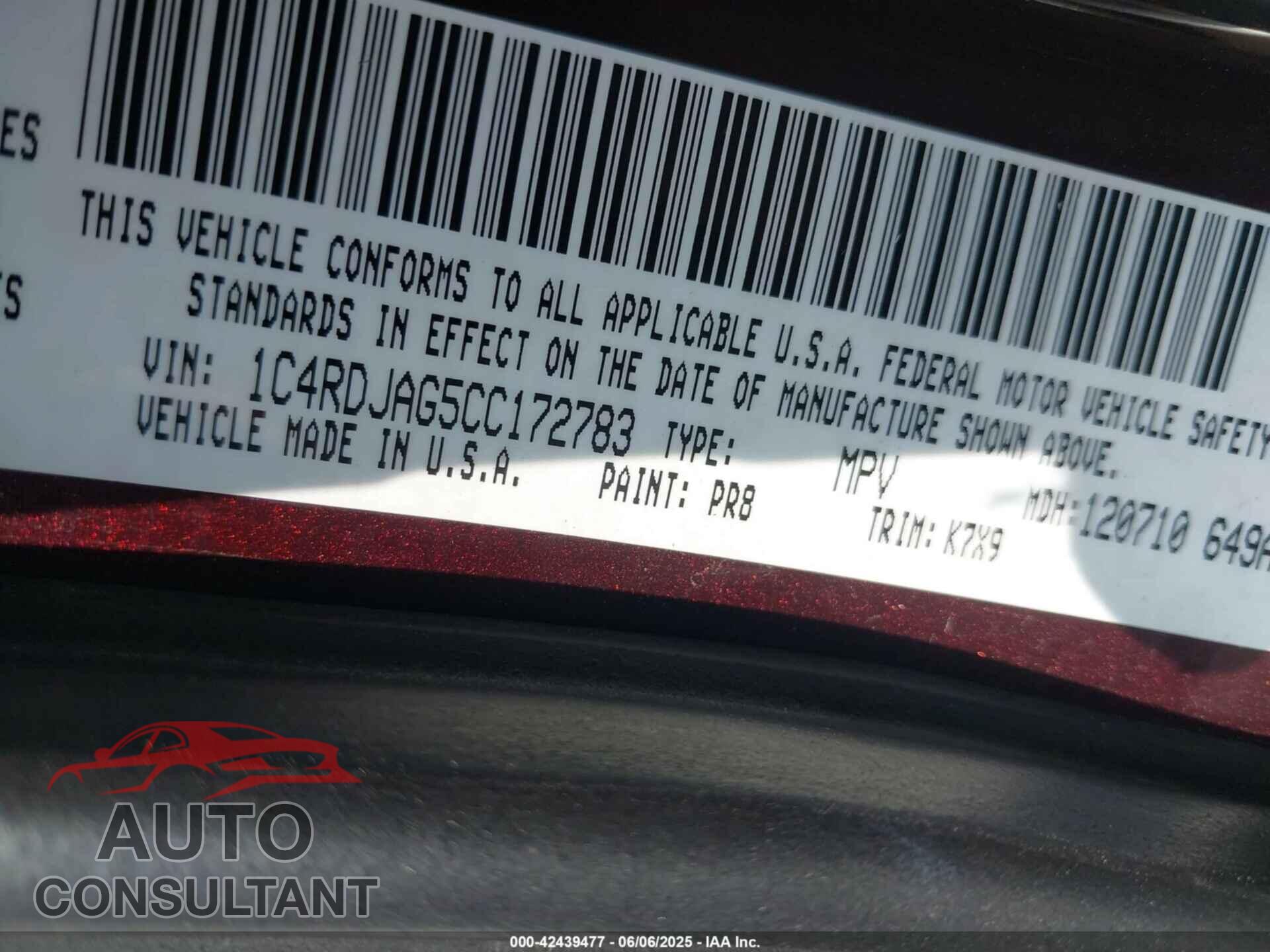 DODGE DURANGO 2012 - 1C4RDJAG5CC172783