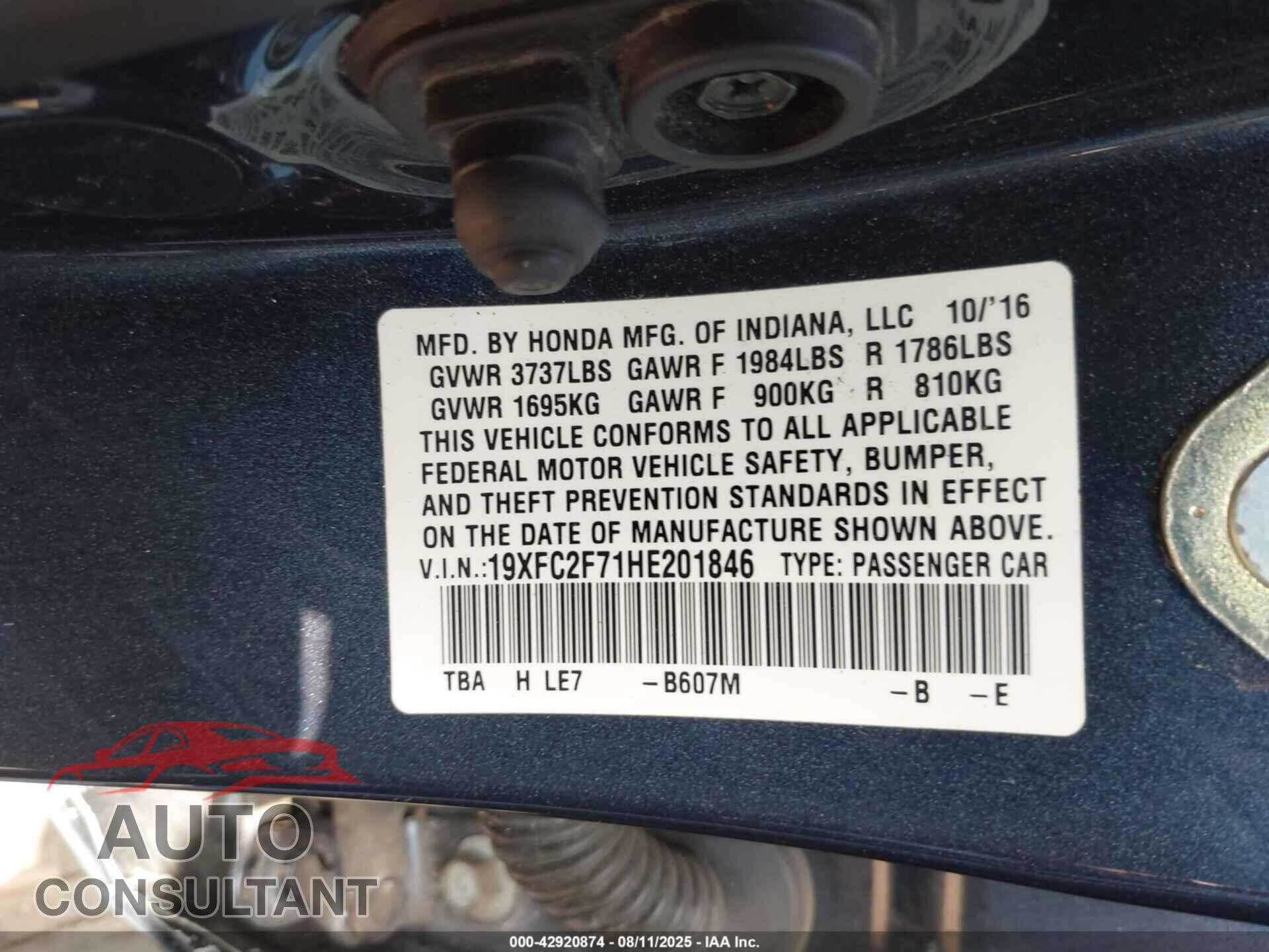 HONDA CIVIC 2017 - 19XFC2F71HE201846
