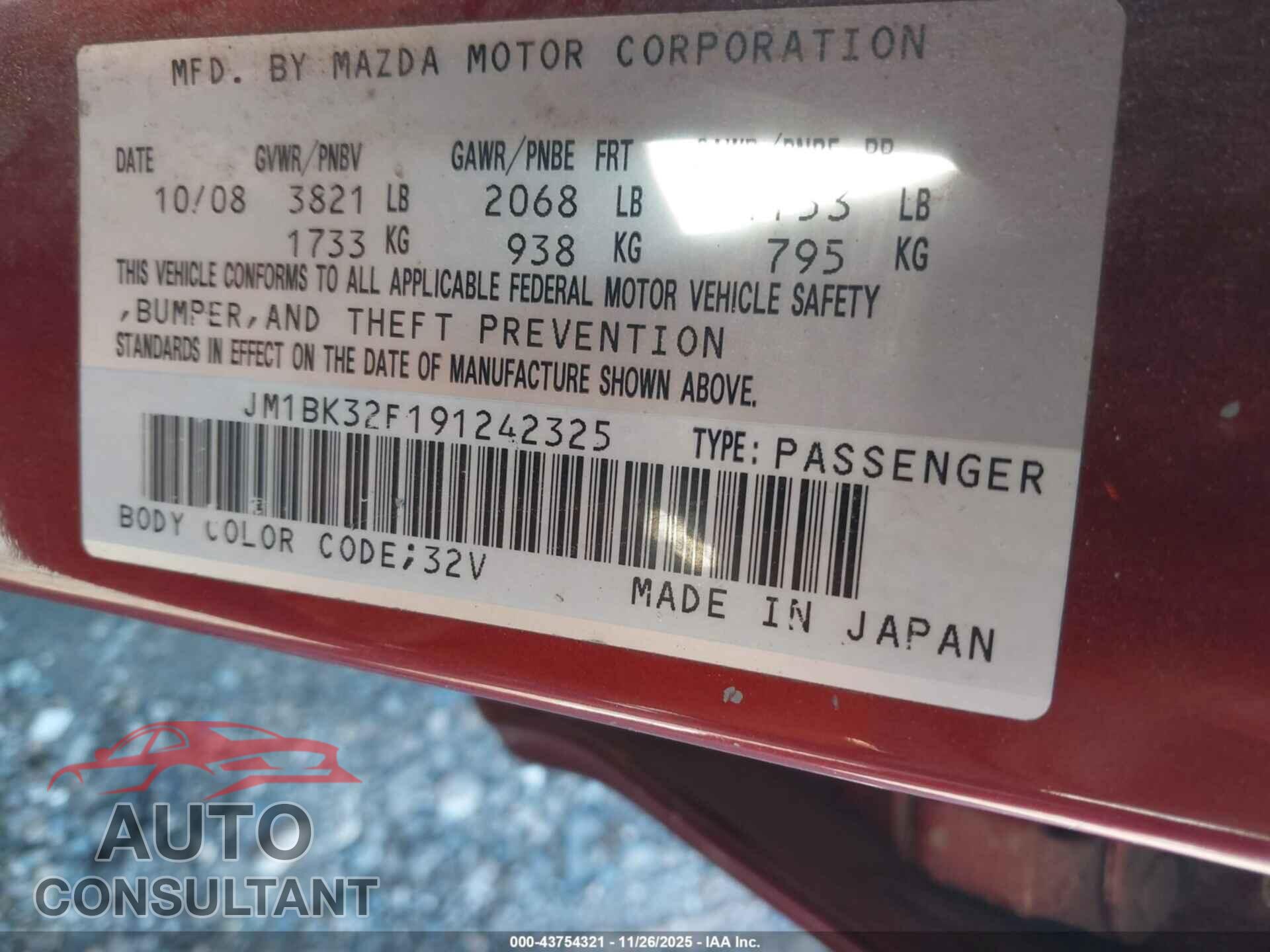 MAZDA MAZDA3 2009 - JM1BK32F191242325