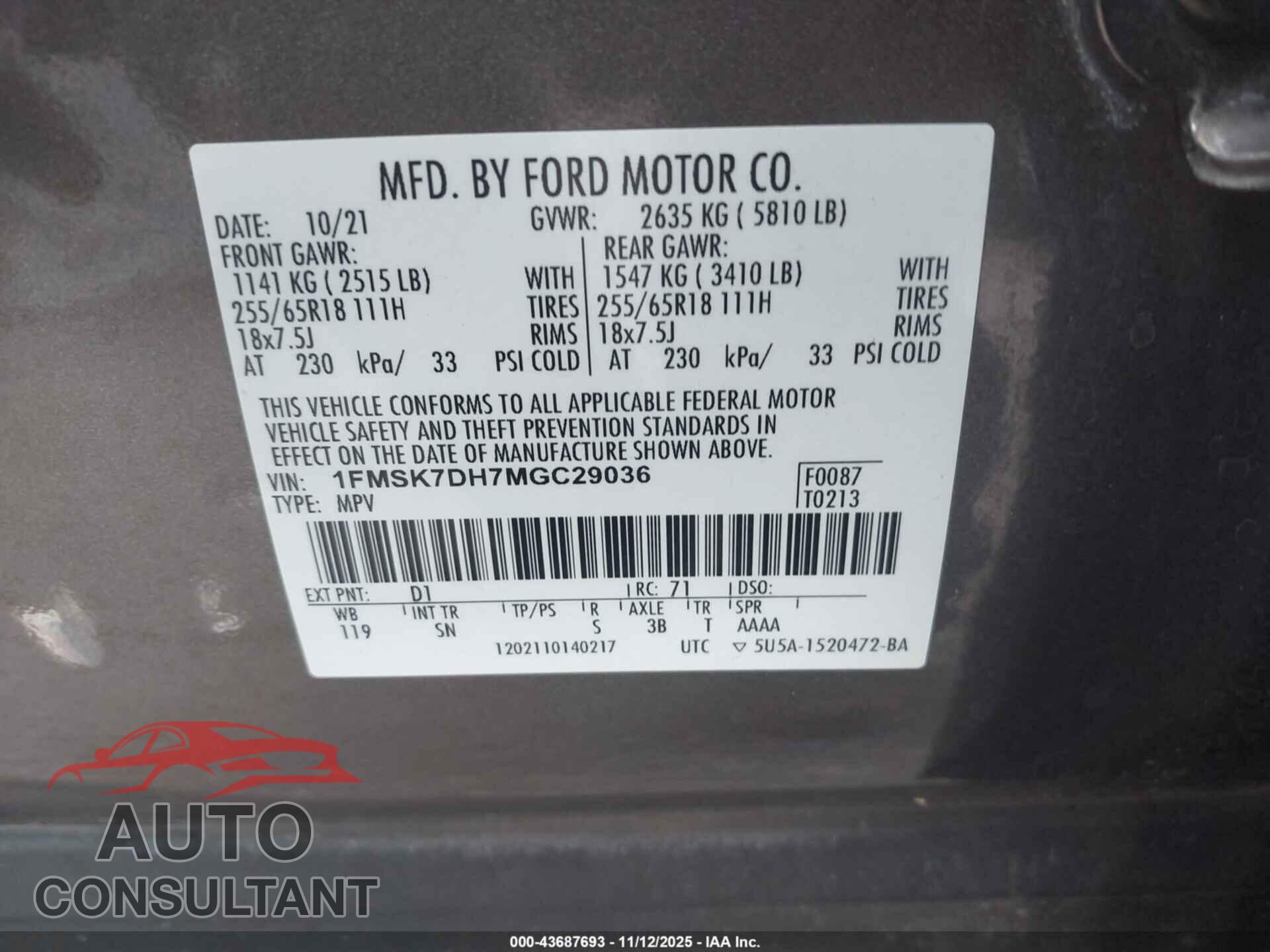 FORD EXPLORER 2021 - 1FMSK7DH7MGC29036