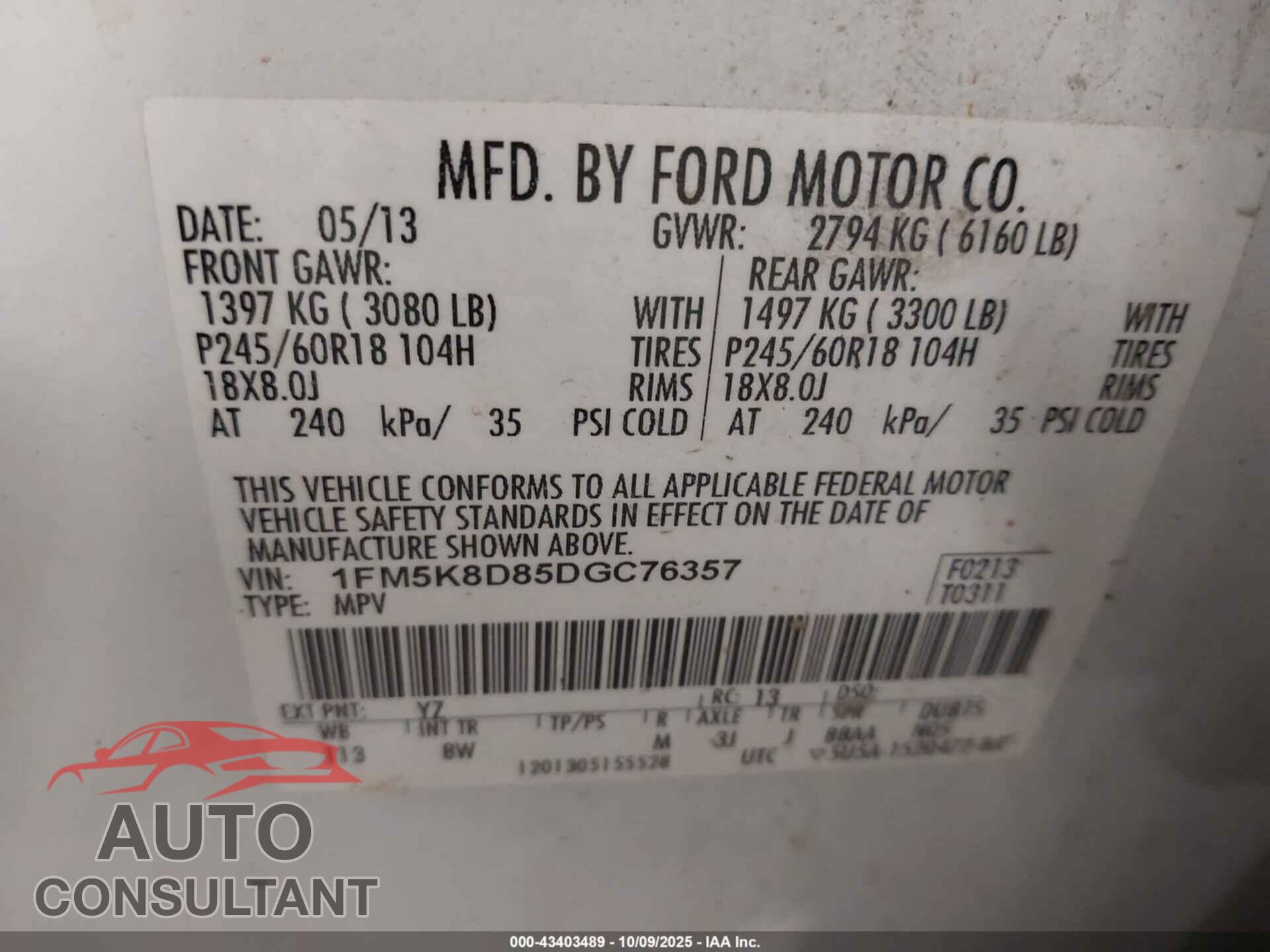 FORD EXPLORER 2013 - 1FM5K8D85DGC76357