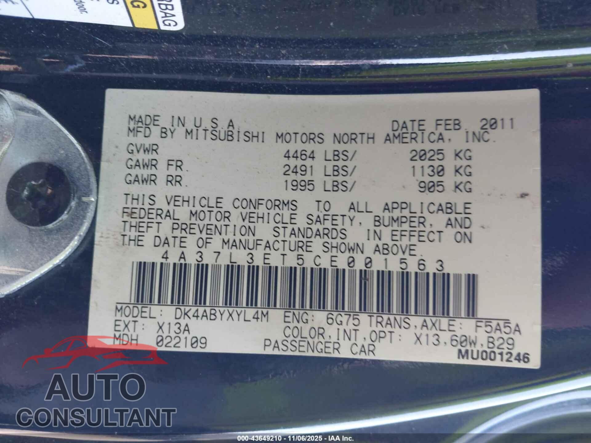 MITSUBISHI ECLIPSE 2012 - 4A37L3ET5CE001563