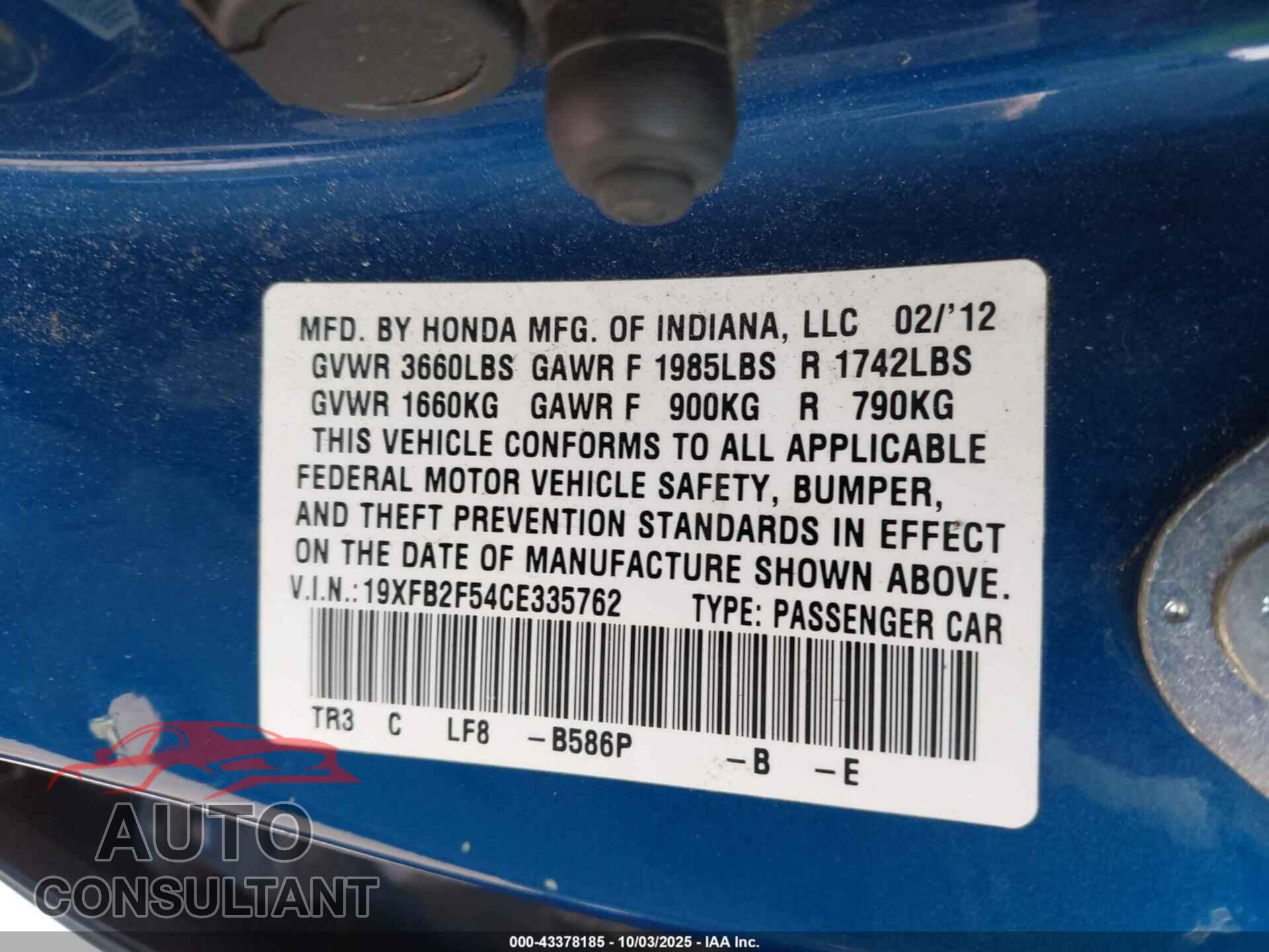HONDA CIVIC 2012 - 19XFB2F54CE335762