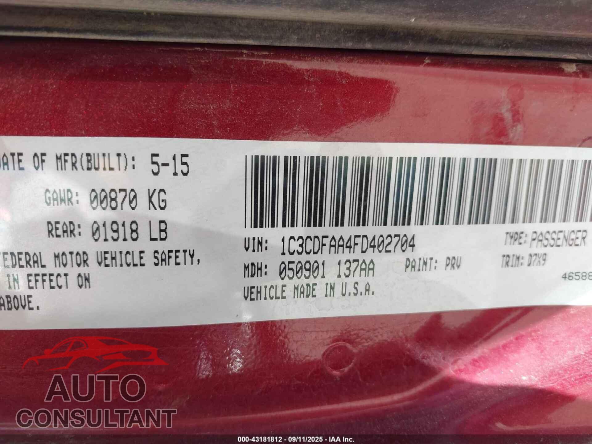 DODGE DART 2015 - 1C3CDFAA4FD402704