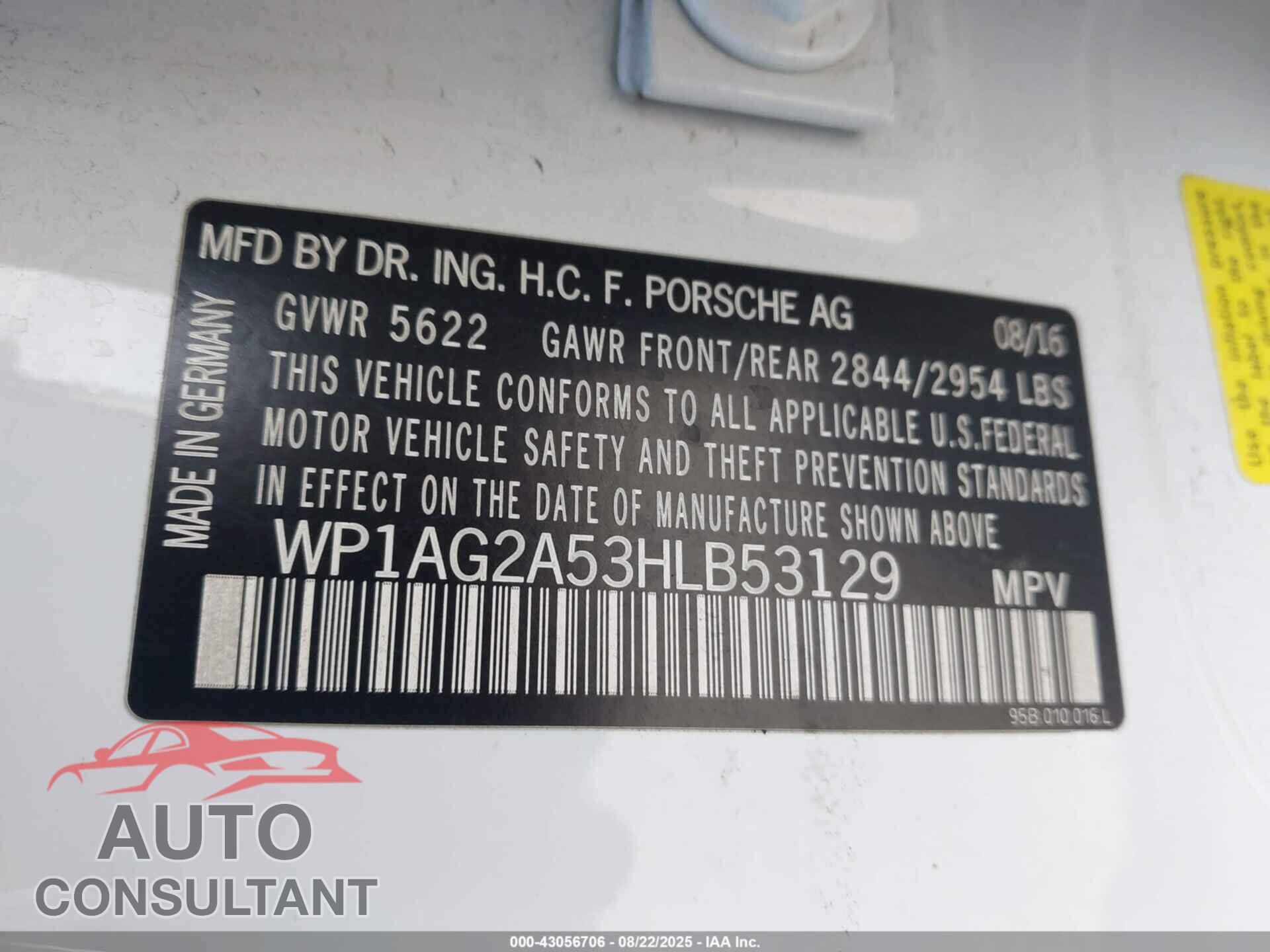 PORSCHE MACAN 2017 - WP1AG2A53HLB53129