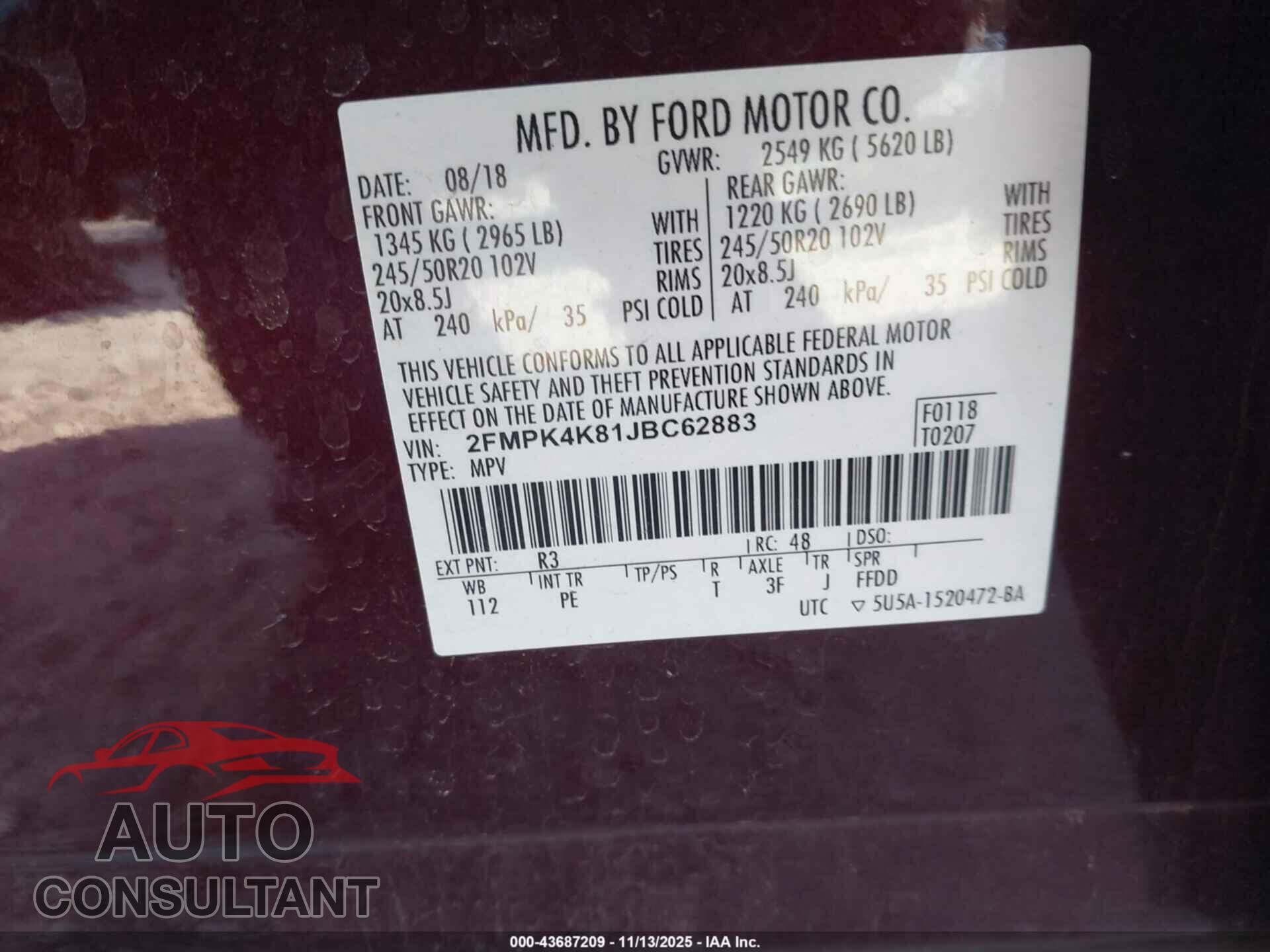FORD EDGE 2018 - 2FMPK4K81JBC62883