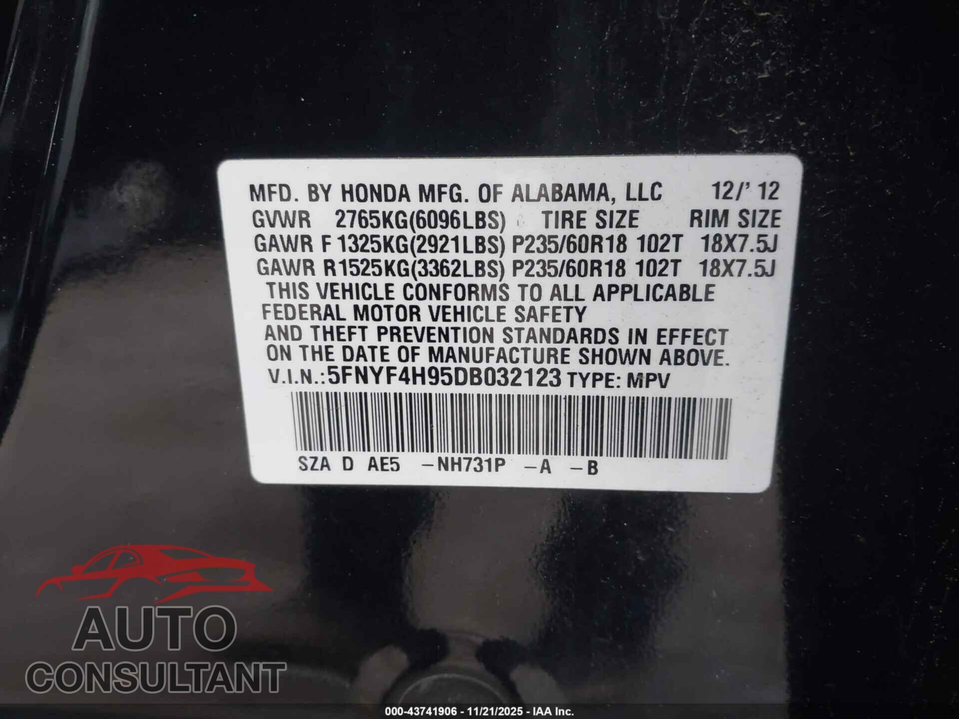 HONDA PILOT 2013 - 5FNYF4H95DB032123