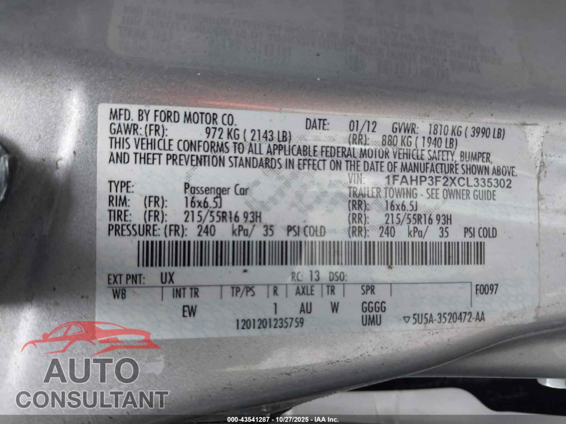 FORD FOCUS 2012 - 1FAHP3F2XCL335302