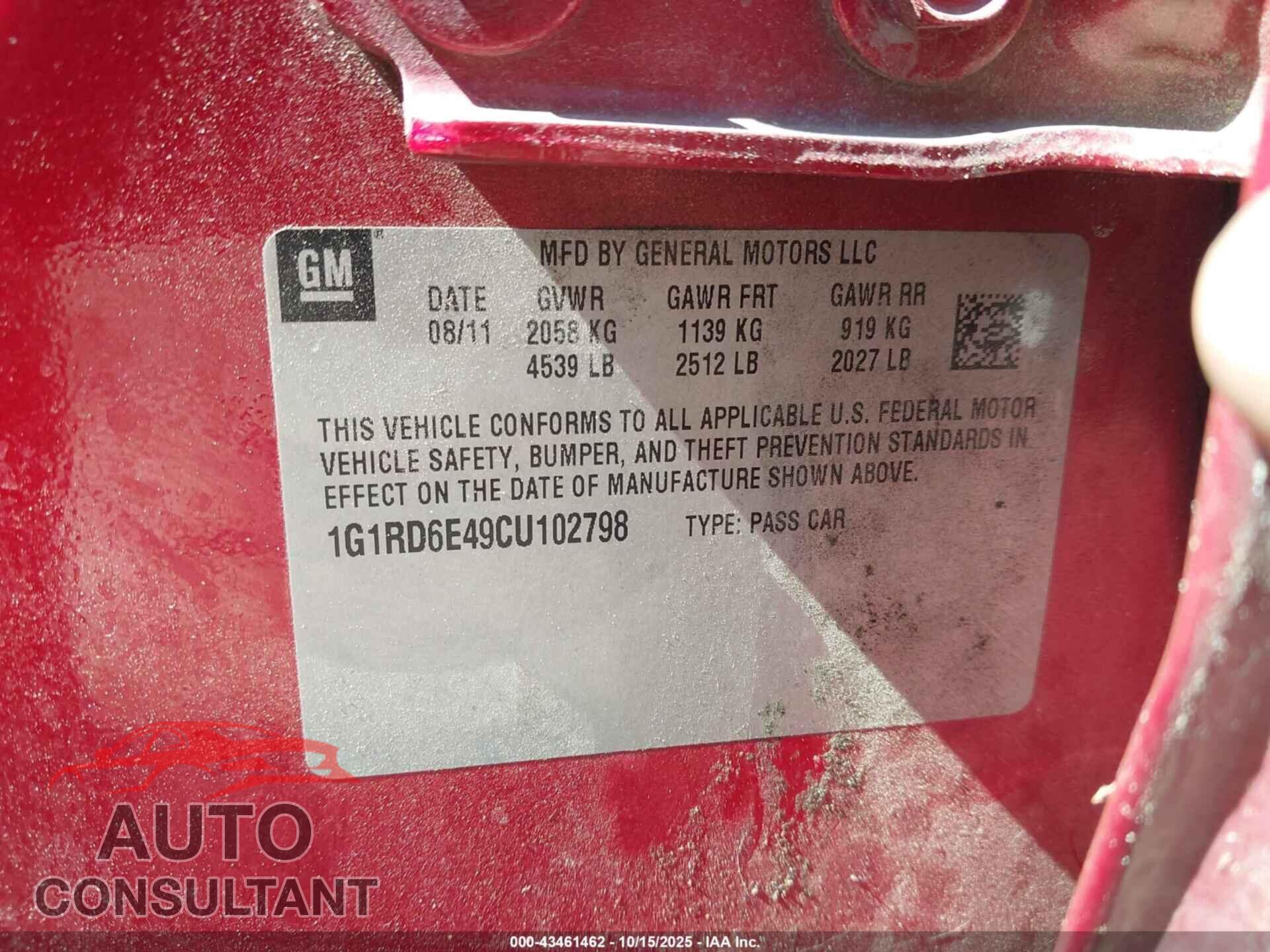 CHEVROLET VOLT 2012 - 1G1RD6E49CU102798