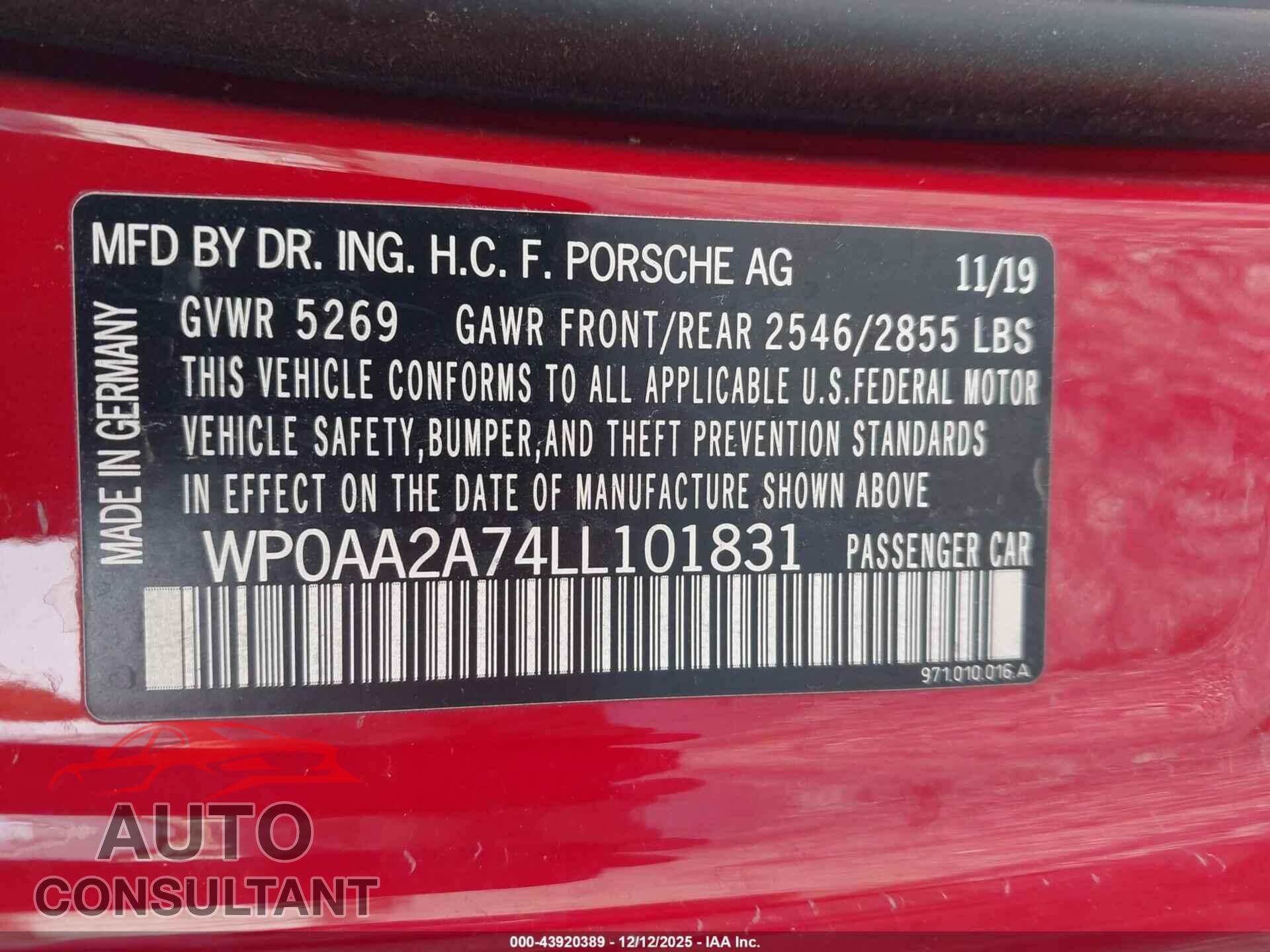 PORSCHE PANAMERA 2020 - WP0AA2A74LL101831
