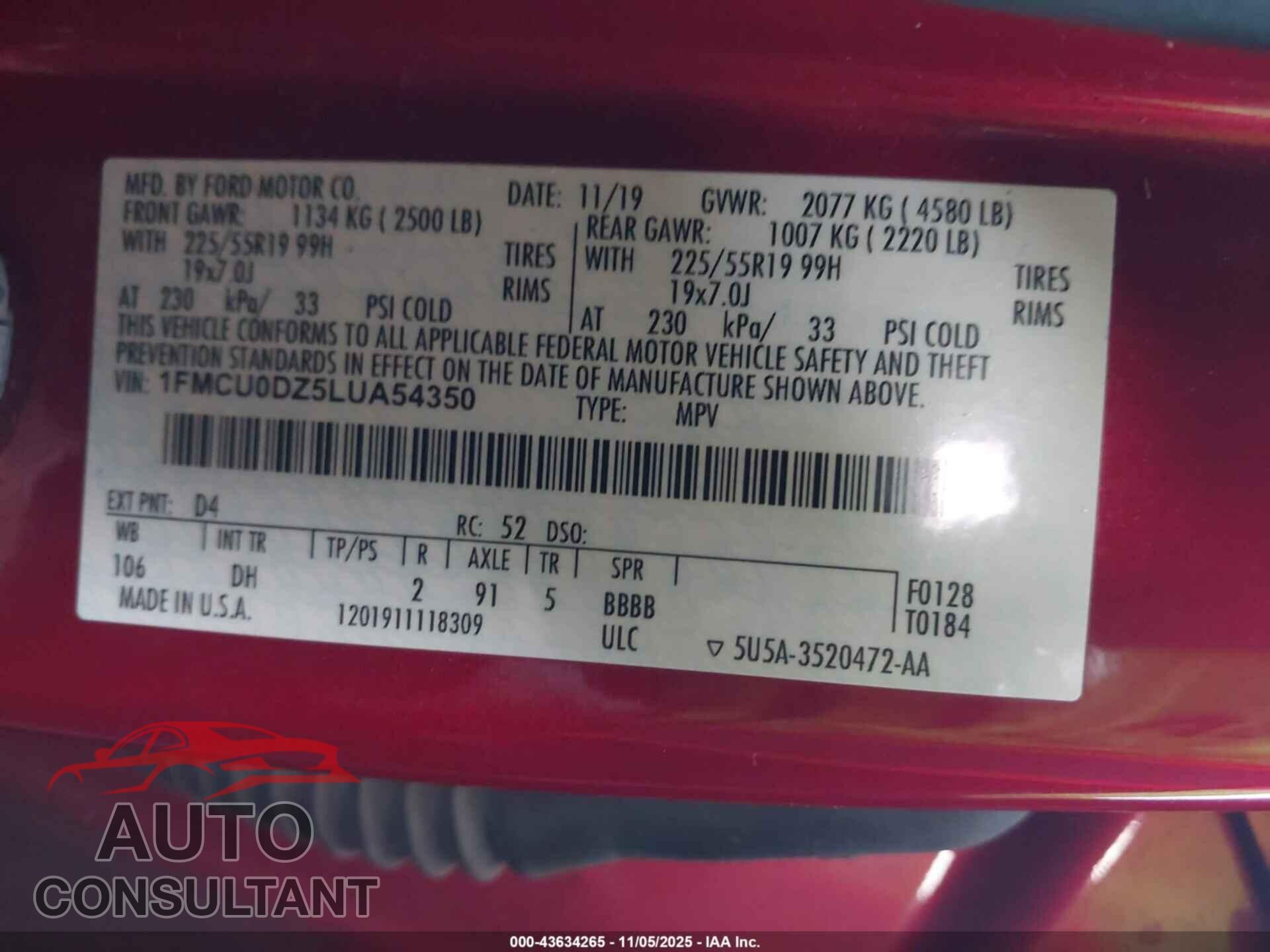 FORD ESCAPE 2020 - 1FMCU0DZ5LUA54350
