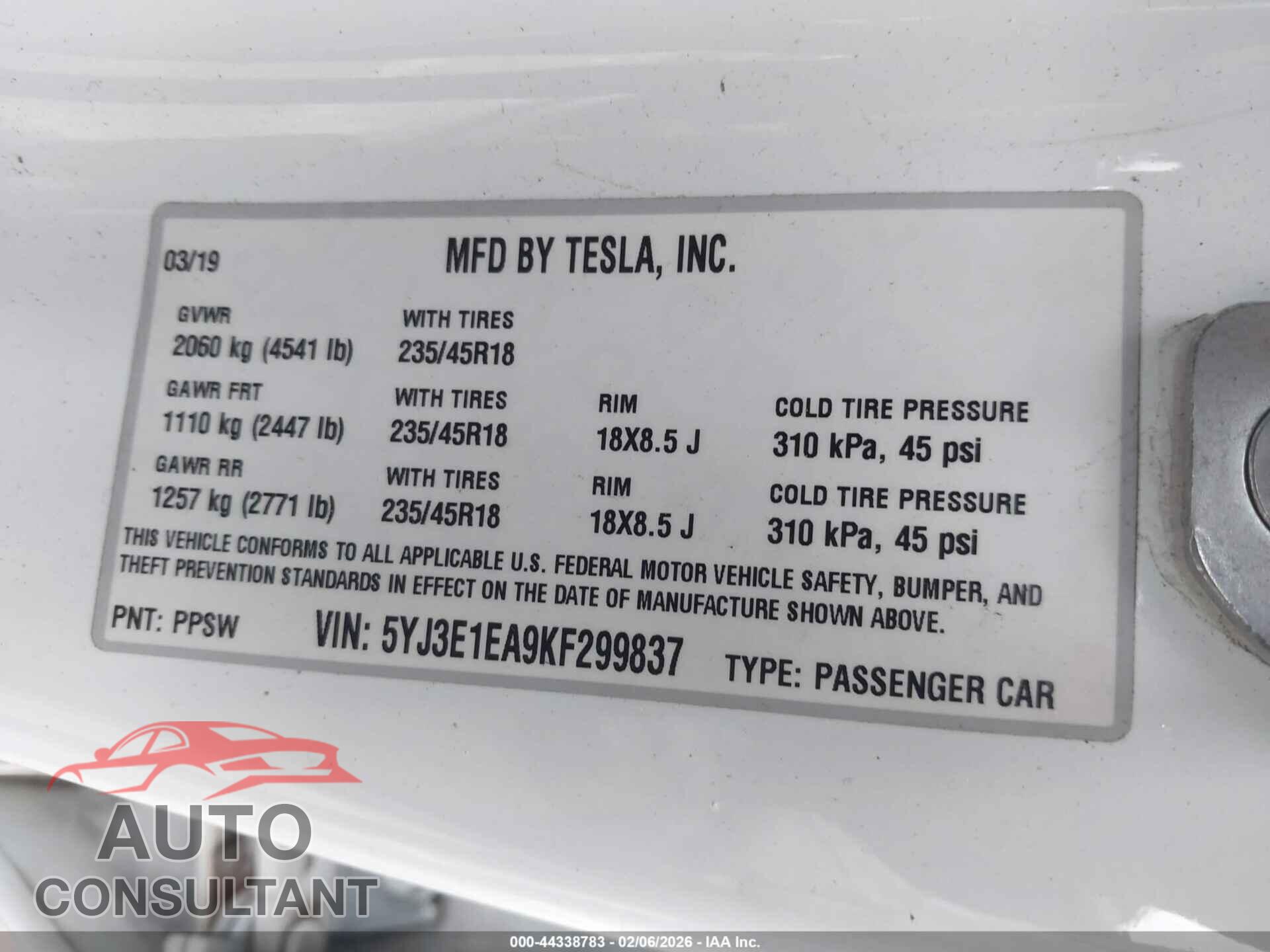 TESLA MODEL 3 2019 - 5YJ3E1EA9KF299837