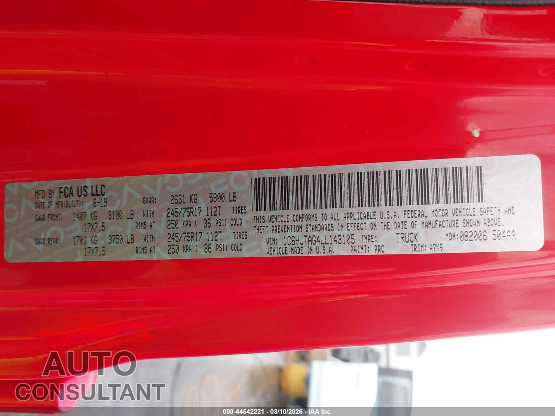 JEEP GLADIATOR 2020 - 1C6HJTAG4LL143105