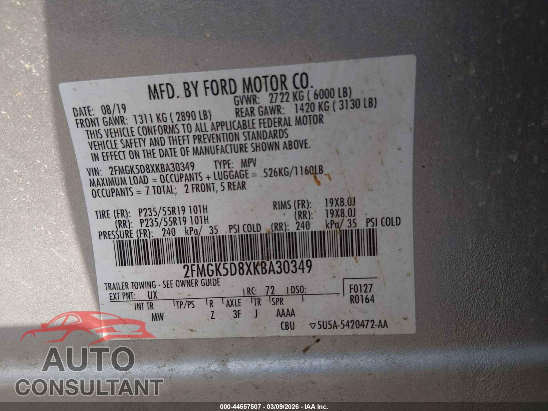 FORD FLEX 2019 - 2FMGK5D8XKBA30349