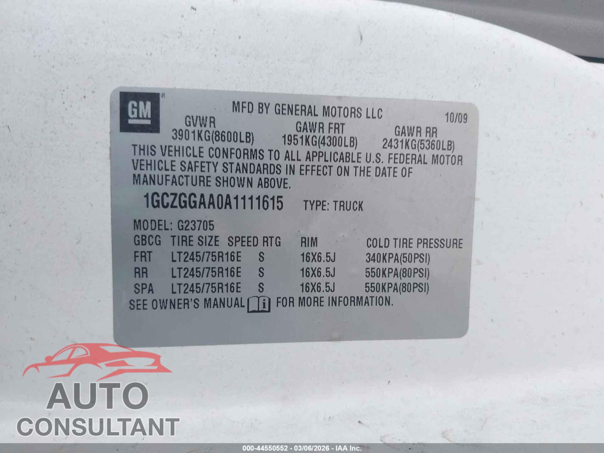 CHEVROLET EXPRESS 2500 2010 - 1GCZGGAA0A1111615