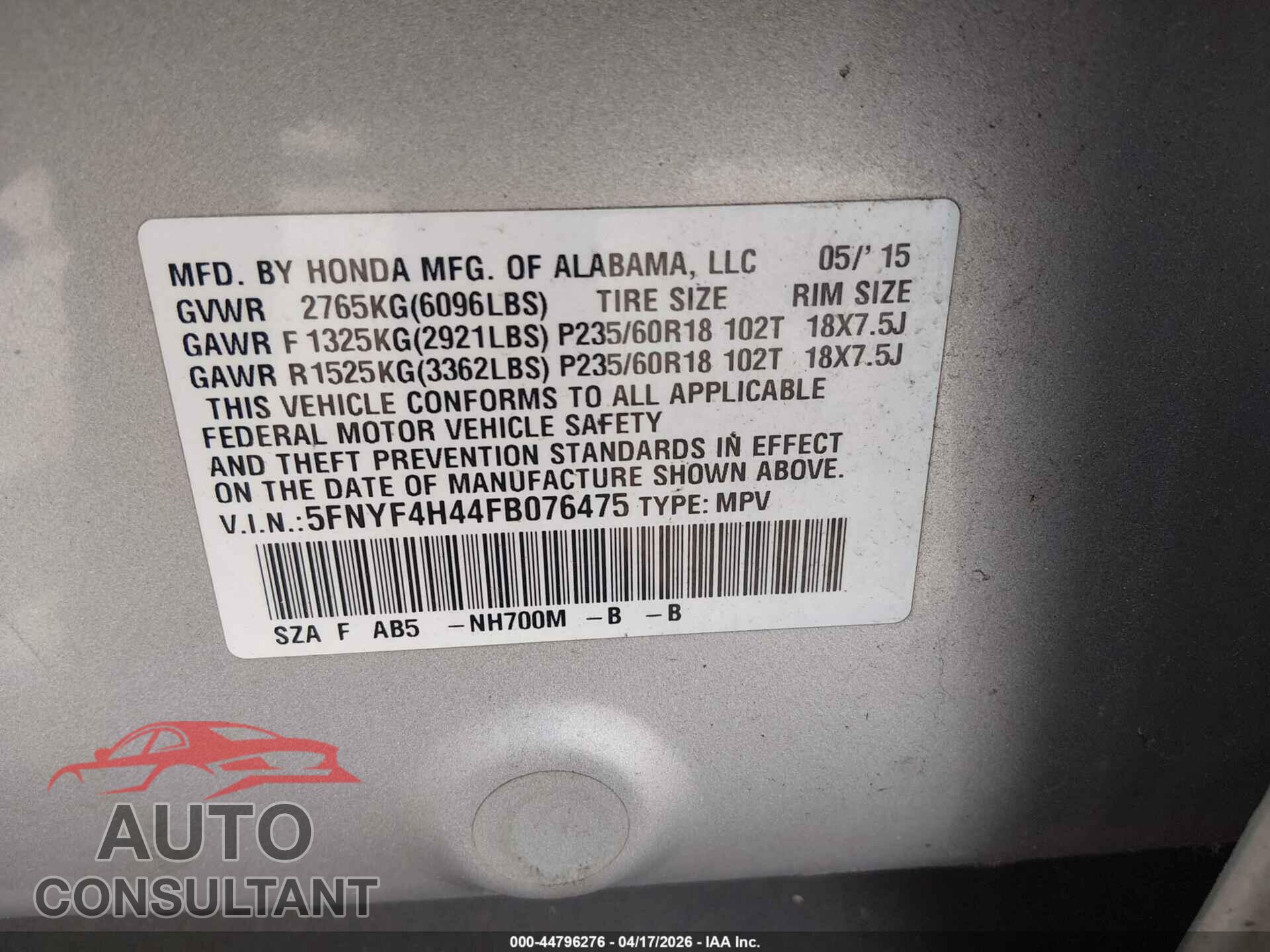 HONDA PILOT 2015 - 5FNYF4H44FB076475