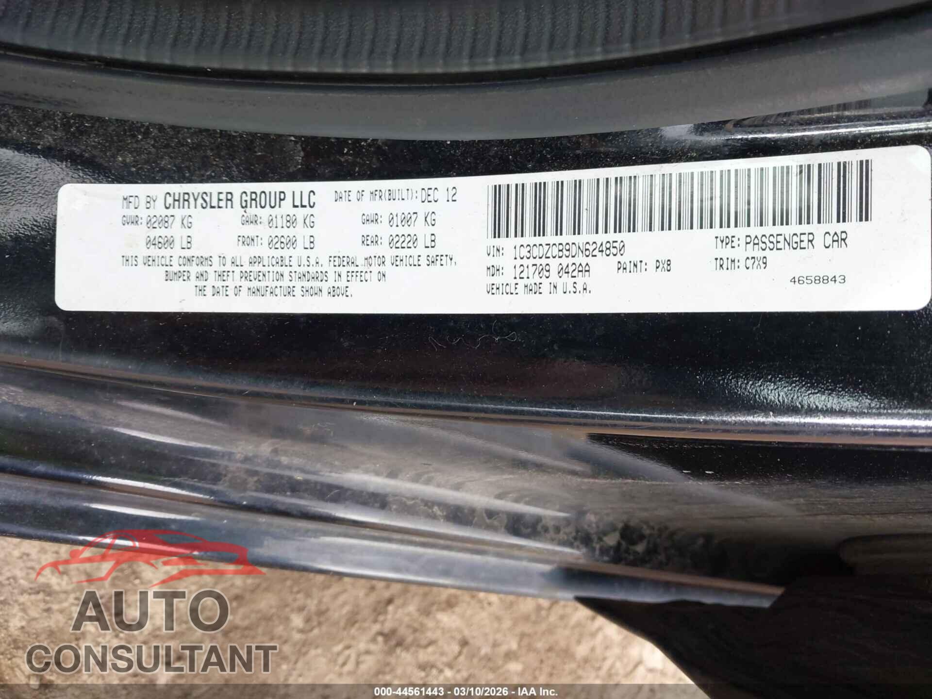 DODGE AVENGER 2013 - 1C3CDZCB9DN624850