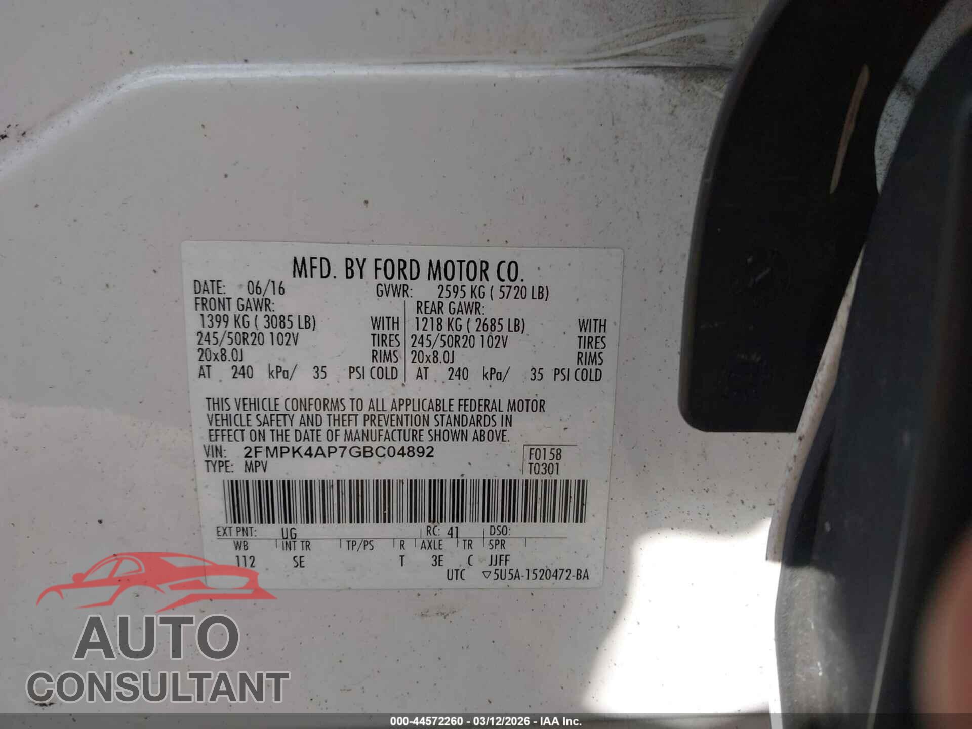 FORD EDGE 2016 - 2FMPK4AP7GBC04892