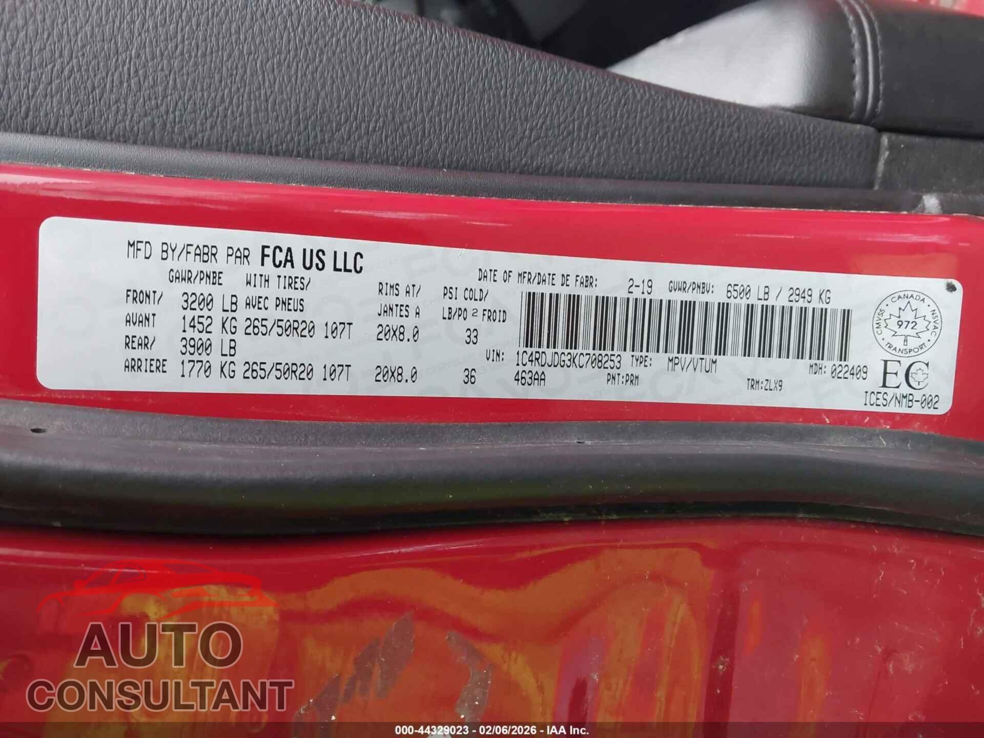 DODGE DURANGO 2019 - 1C4RDJDG3KC708253