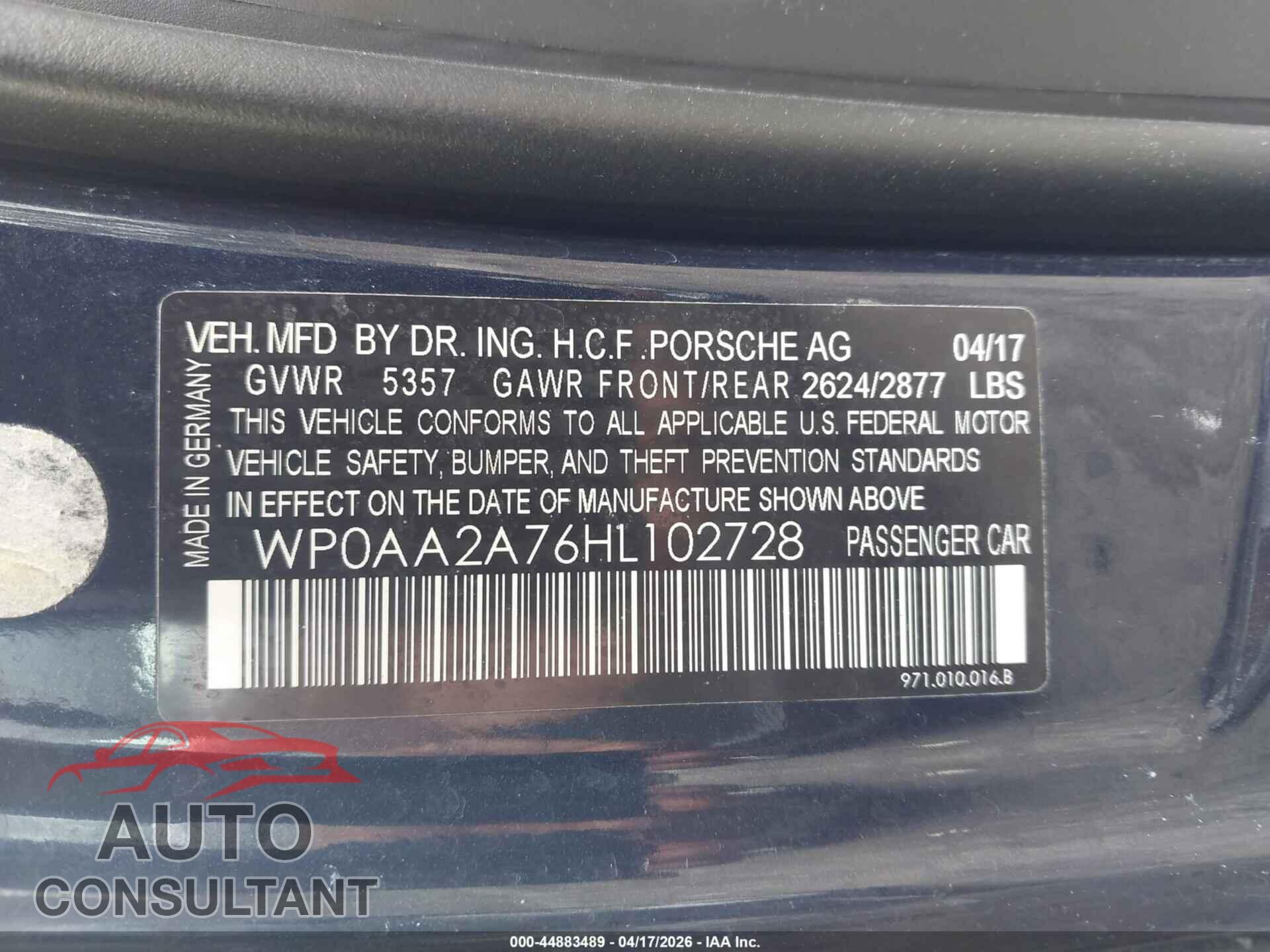 PORSCHE PANAMERA 2017 - WP0AA2A76HL102728