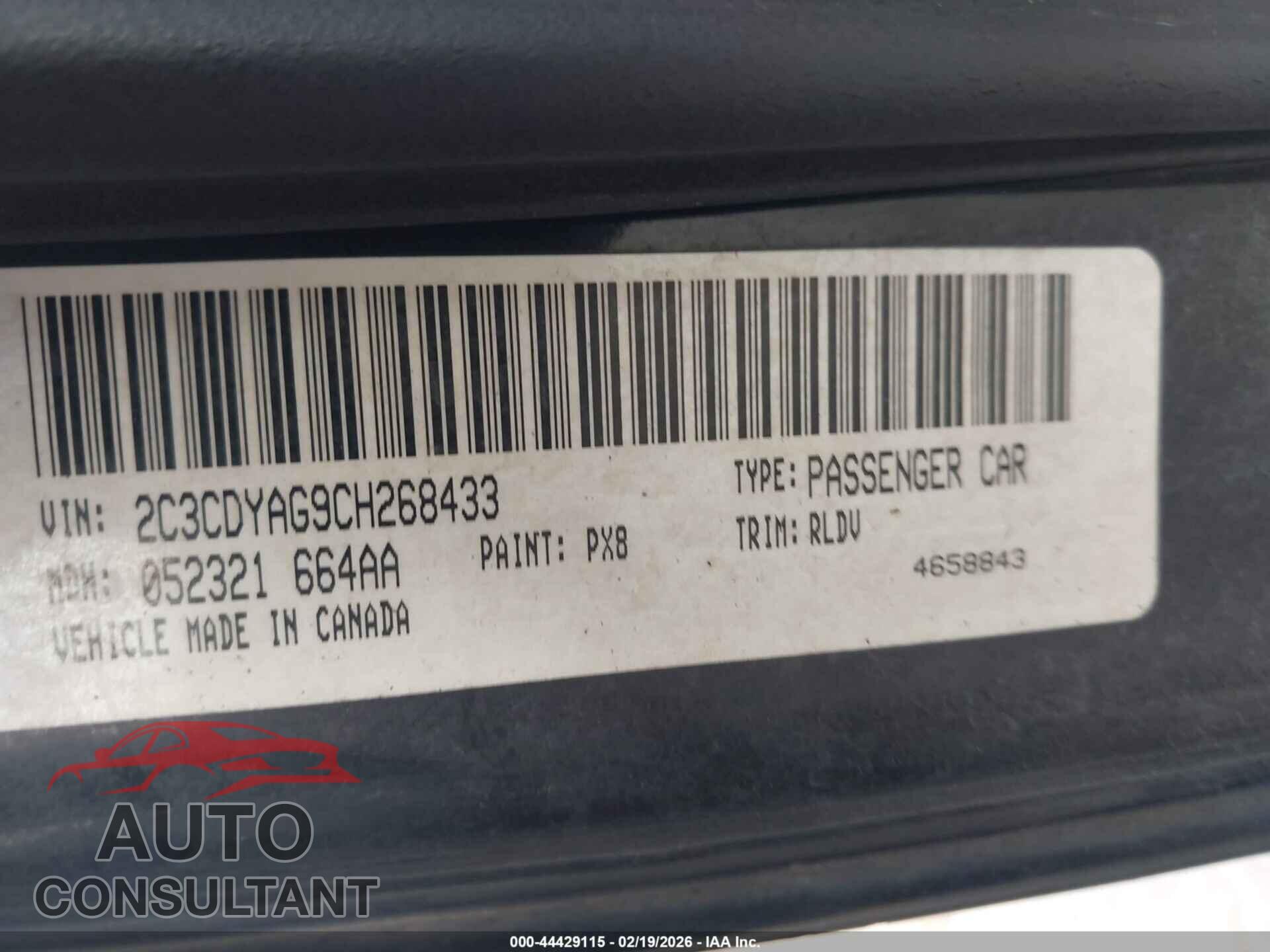 DODGE CHALLENGER 2012 - 2C3CDYAG9CH268433