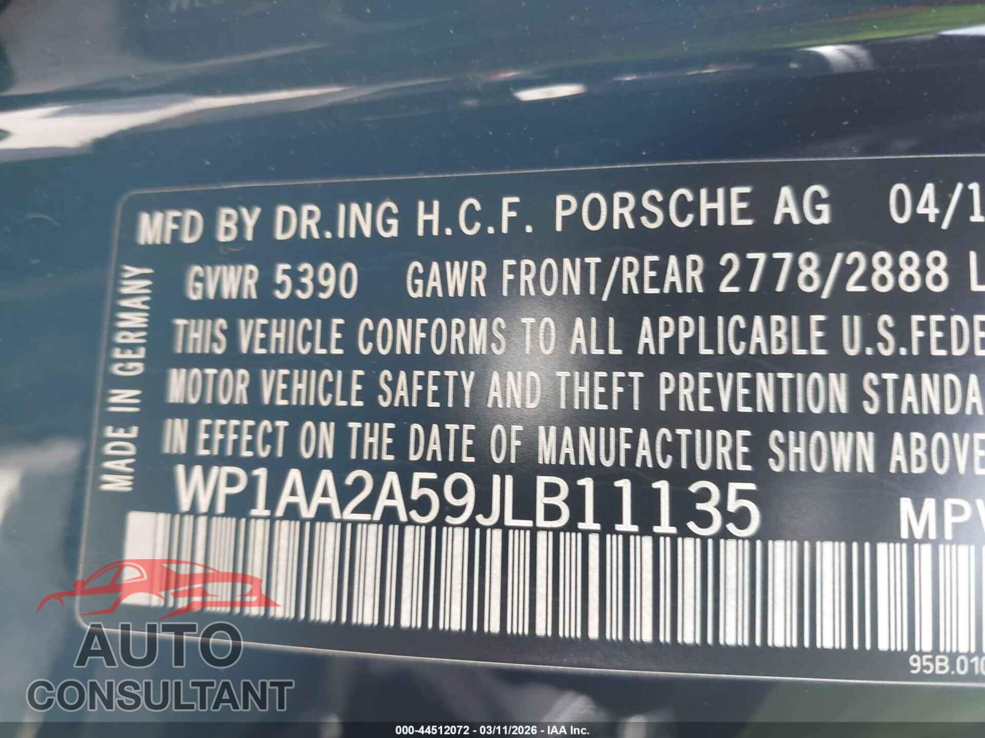 PORSCHE MACAN 2018 - WP1AA2A59JLB11135