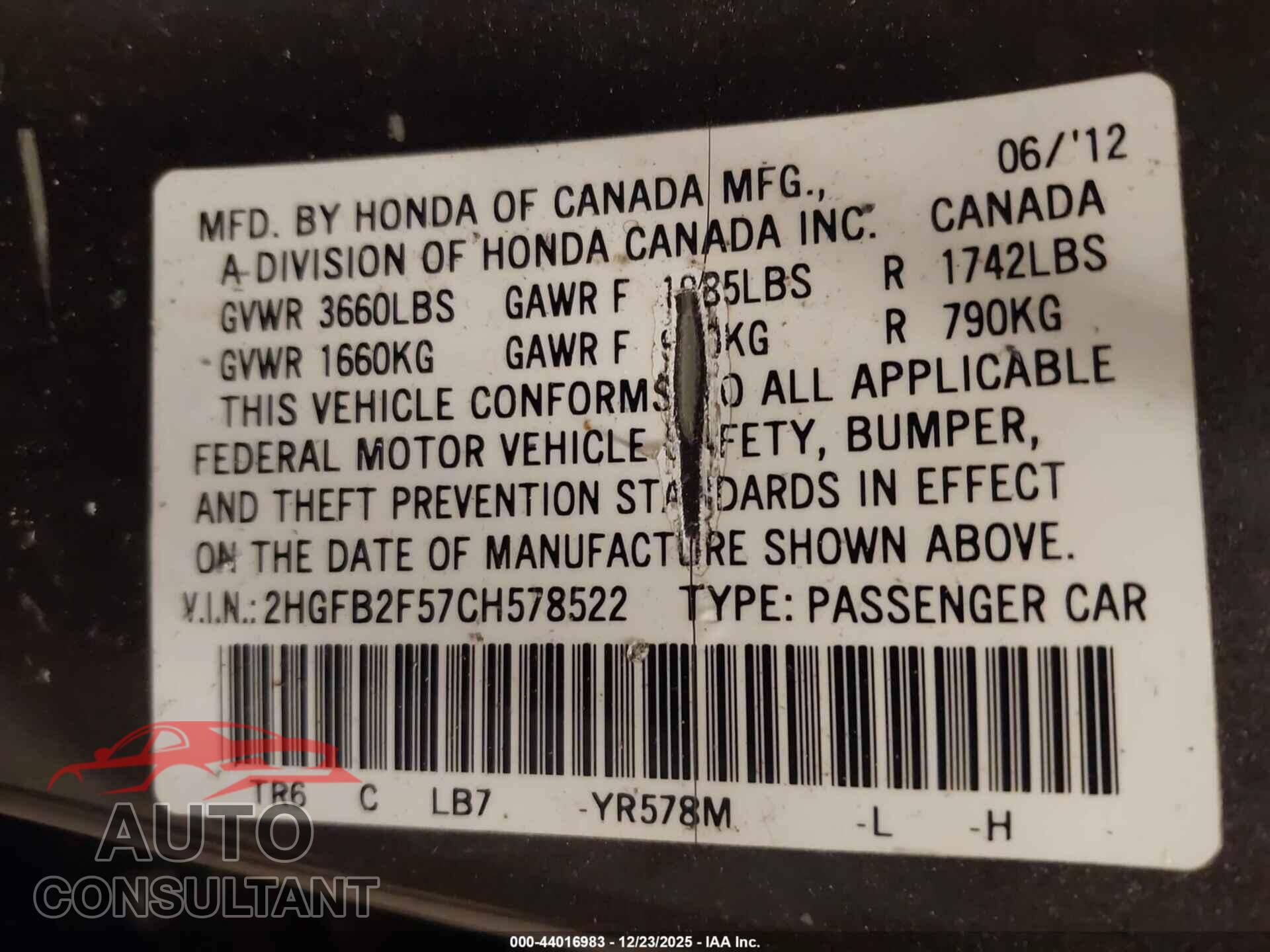 HONDA CIVIC 2012 - 2HGFB2F57CH578522