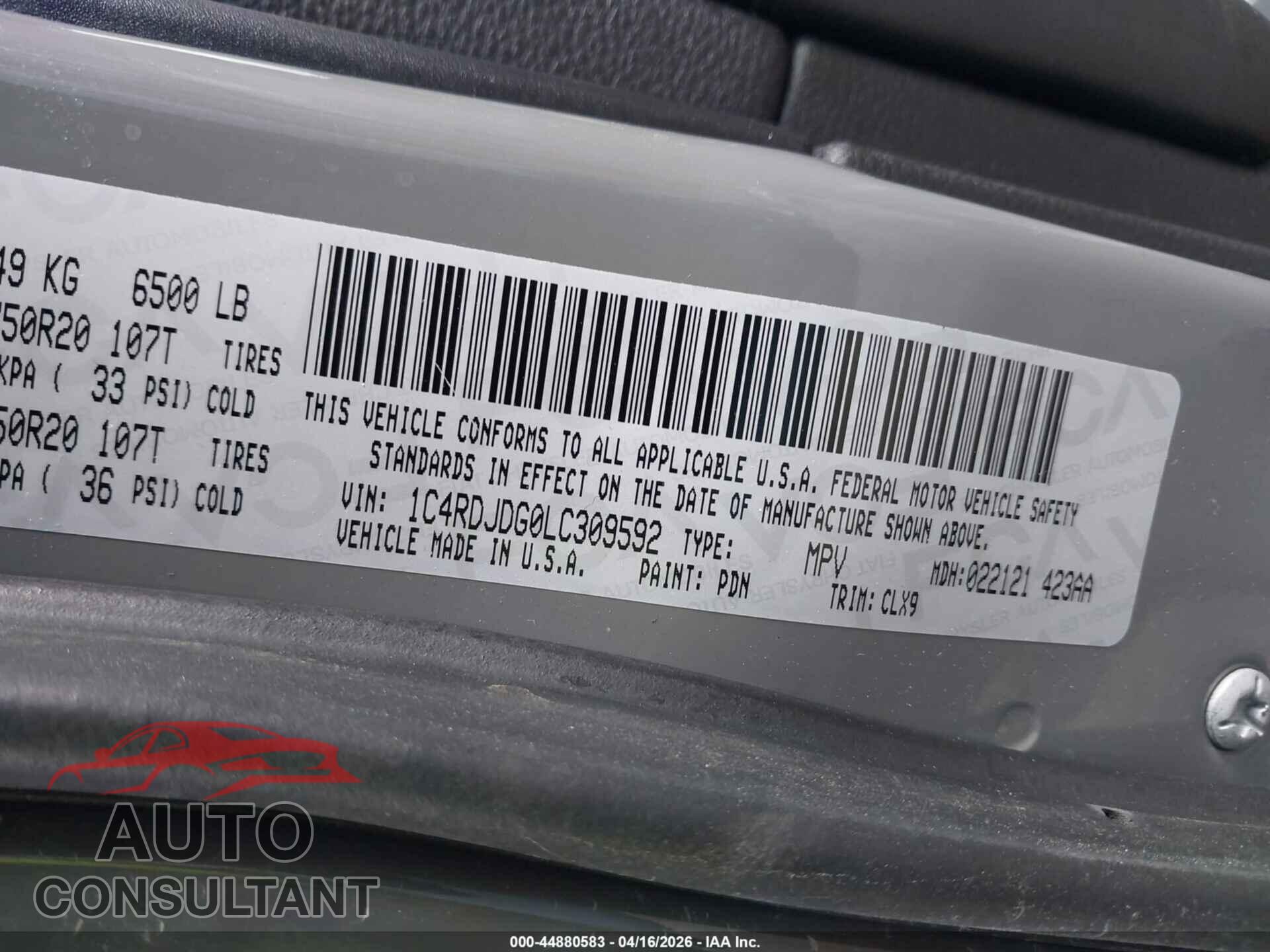 DODGE DURANGO 2020 - 1C4RDJDG0LC309592