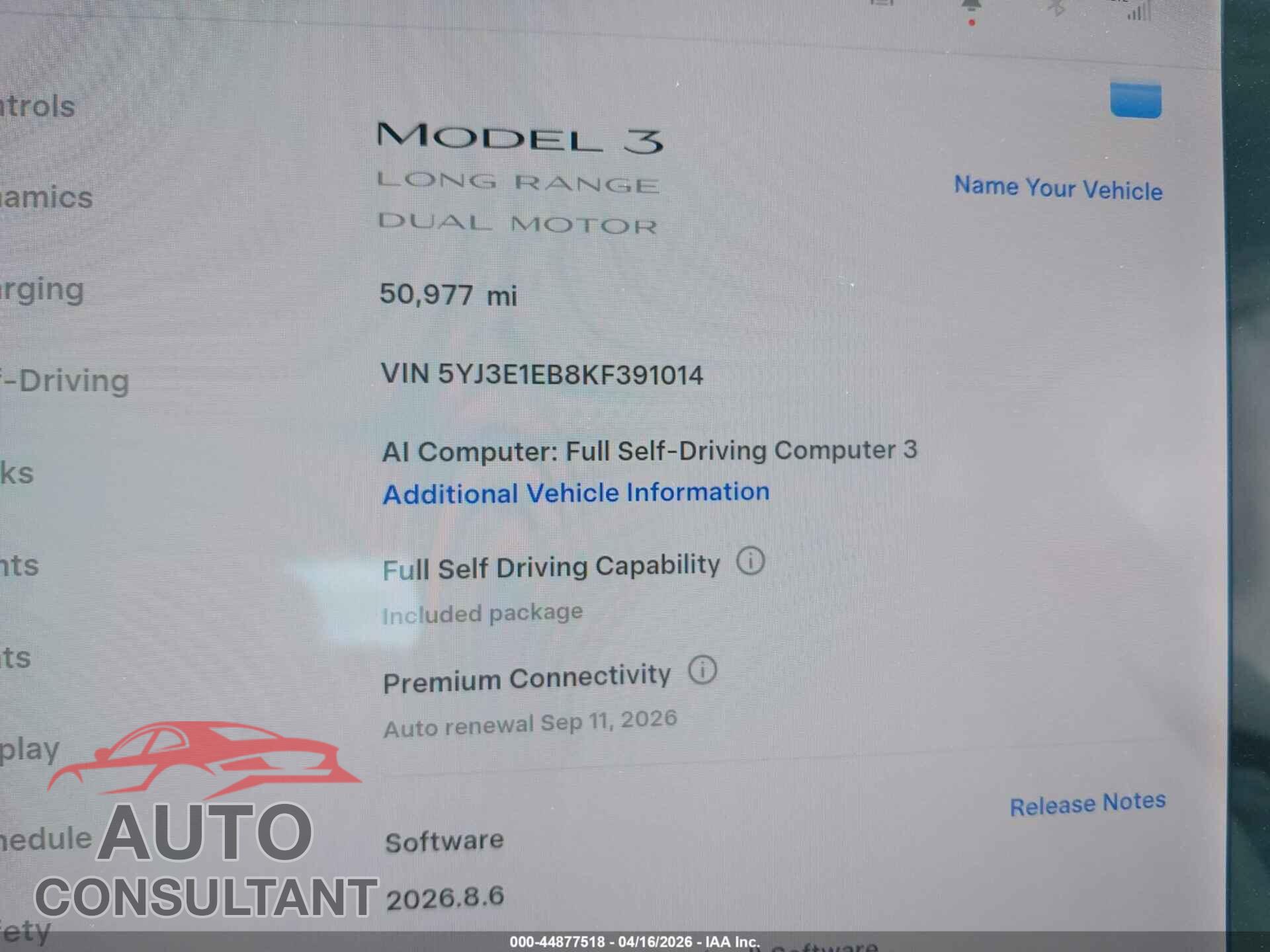 TESLA MODEL 3 2019 - 5YJ3E1EB8KF391014