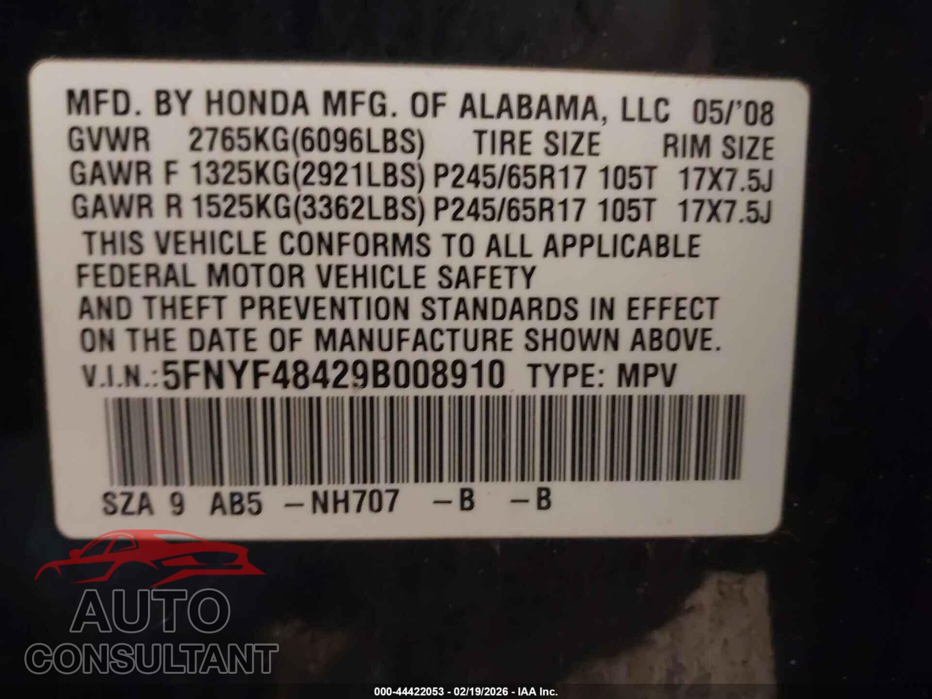 HONDA PILOT 2009 - 5FNYF48429B008910