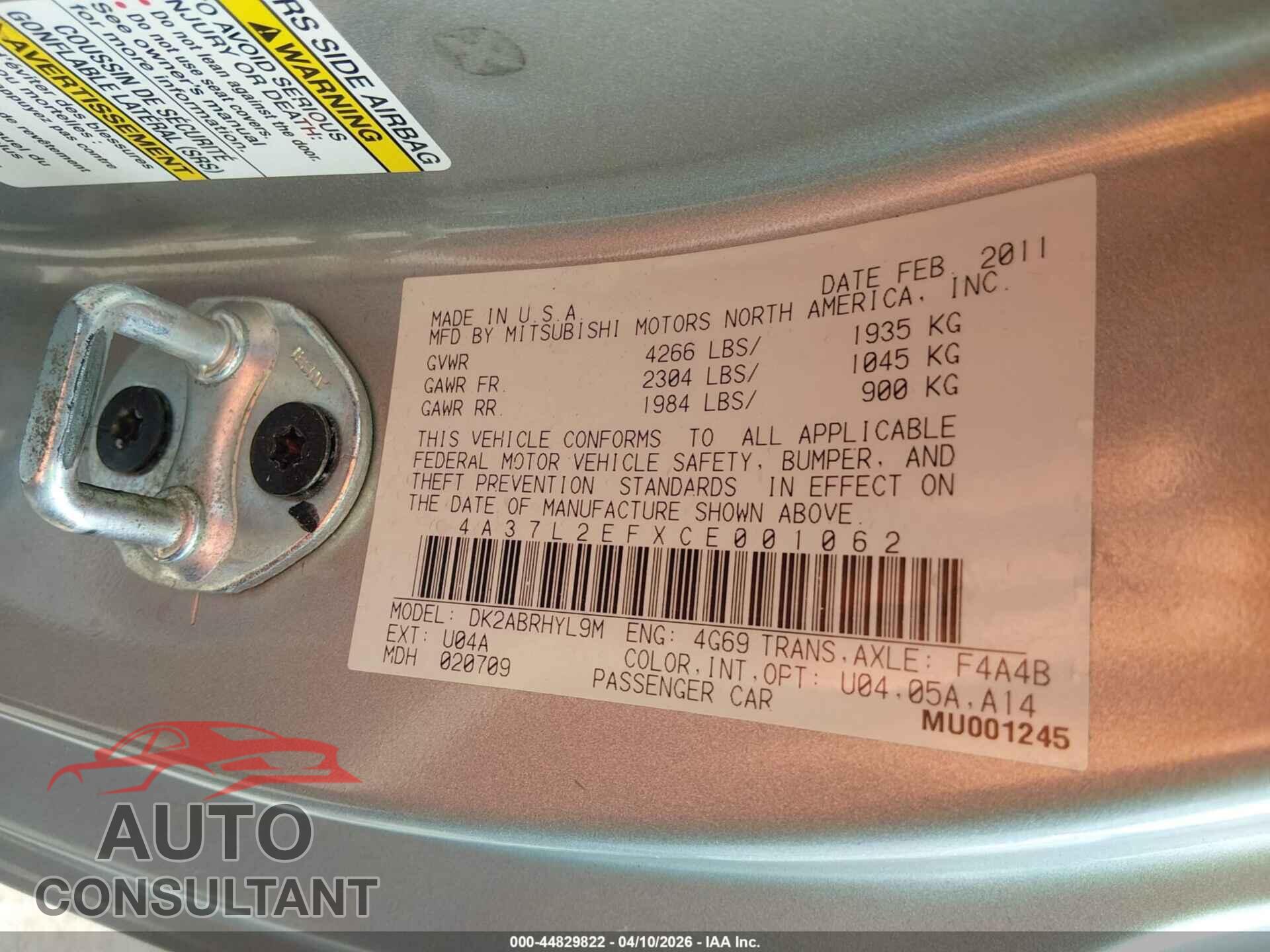 MITSUBISHI ECLIPSE SPYDER 2012 - 4A37L2EFXCE001062