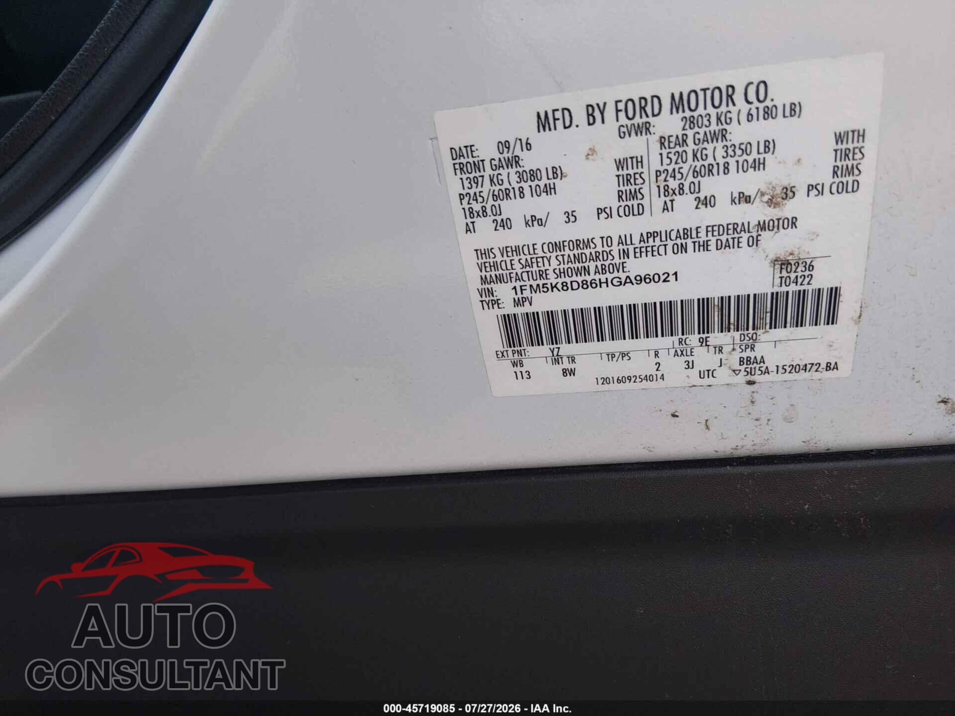 FORD EXPLORER 2017 - 1FM5K8D86HGA96021