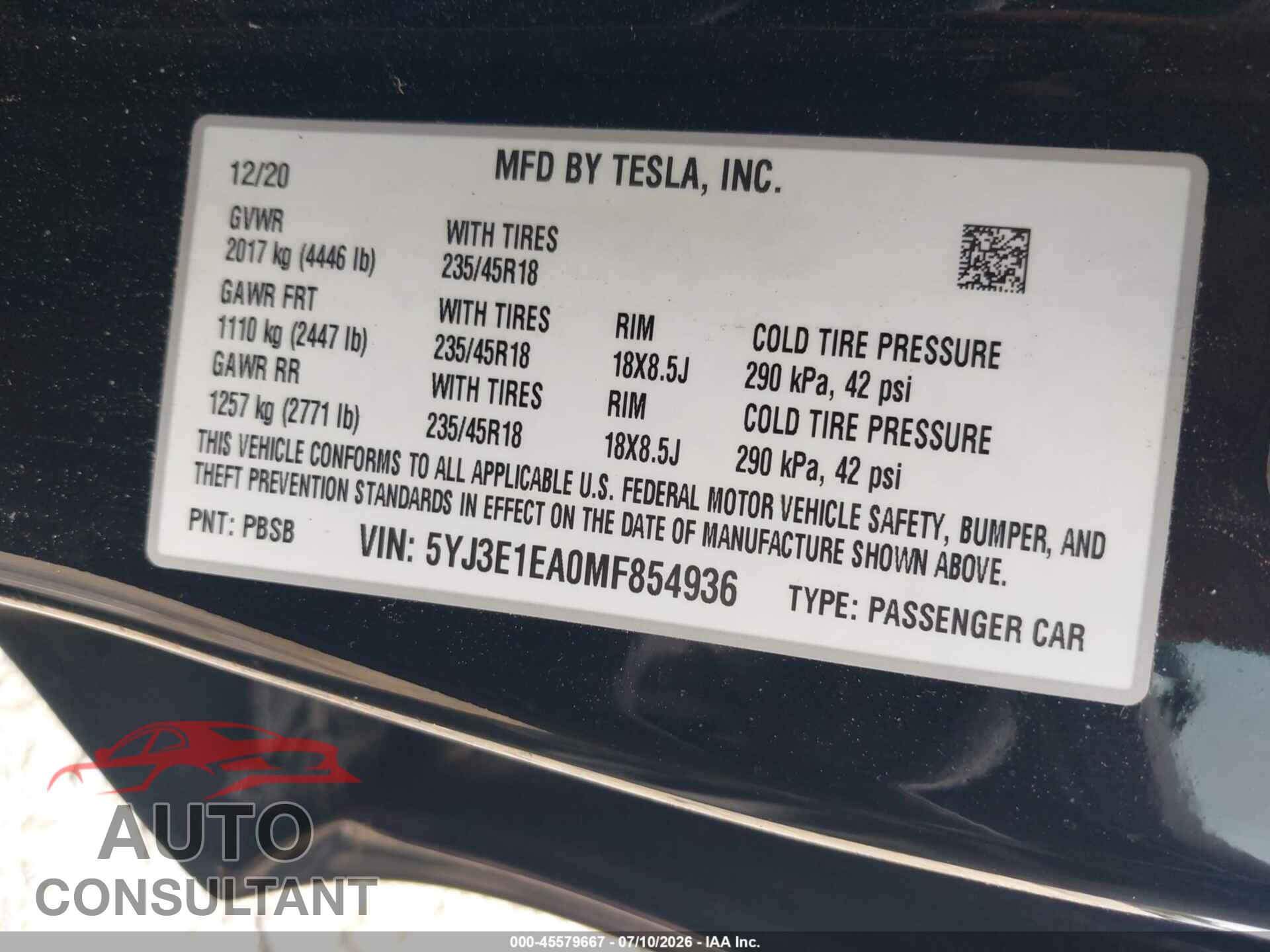 TESLA MODEL 3 2021 - 5YJ3E1EA0MF854936