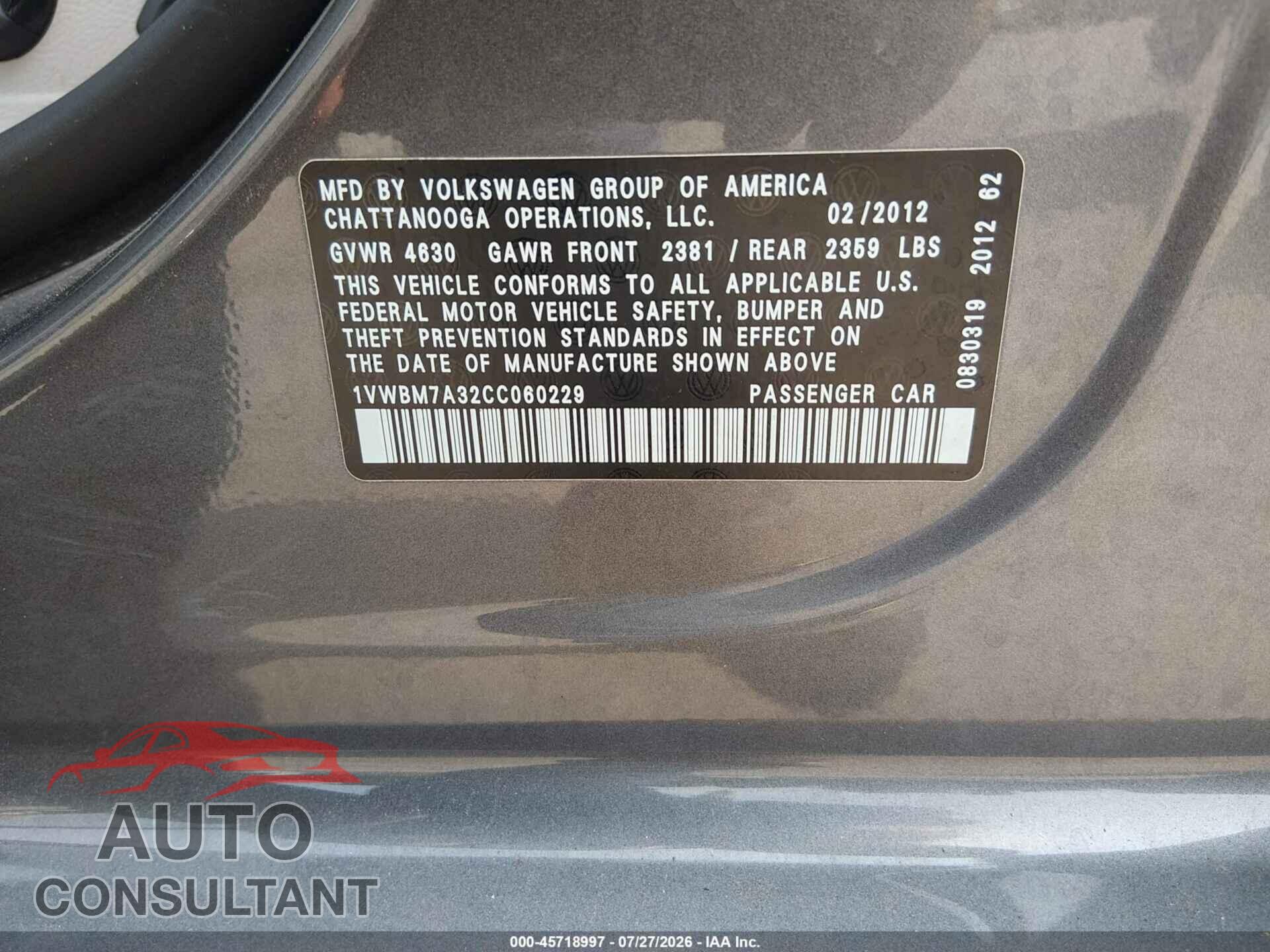 VOLKSWAGEN PASSAT 2012 - 1VWBM7A32CC060229