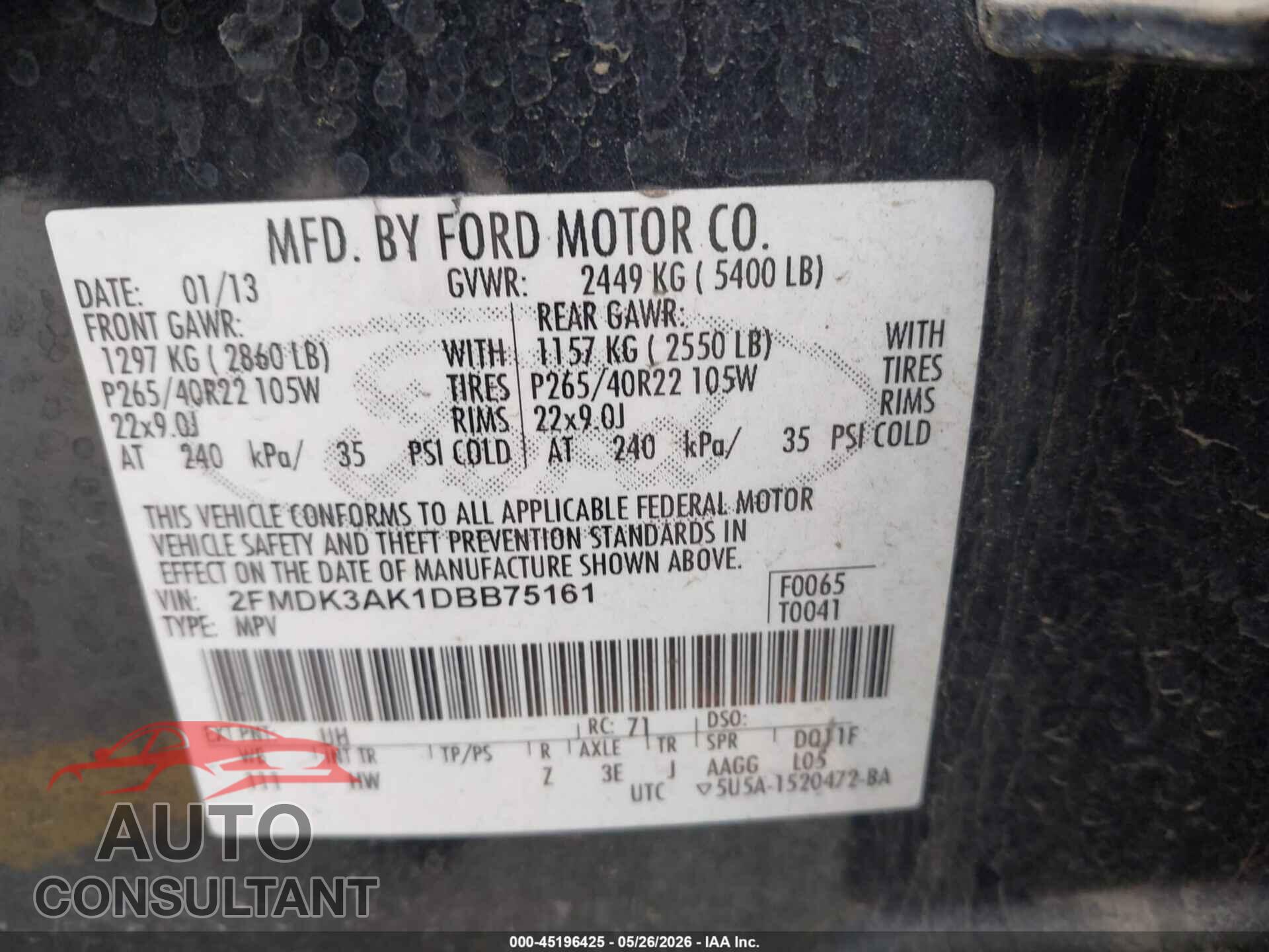 FORD EDGE 2013 - 2FMDK3AK1DBB75161