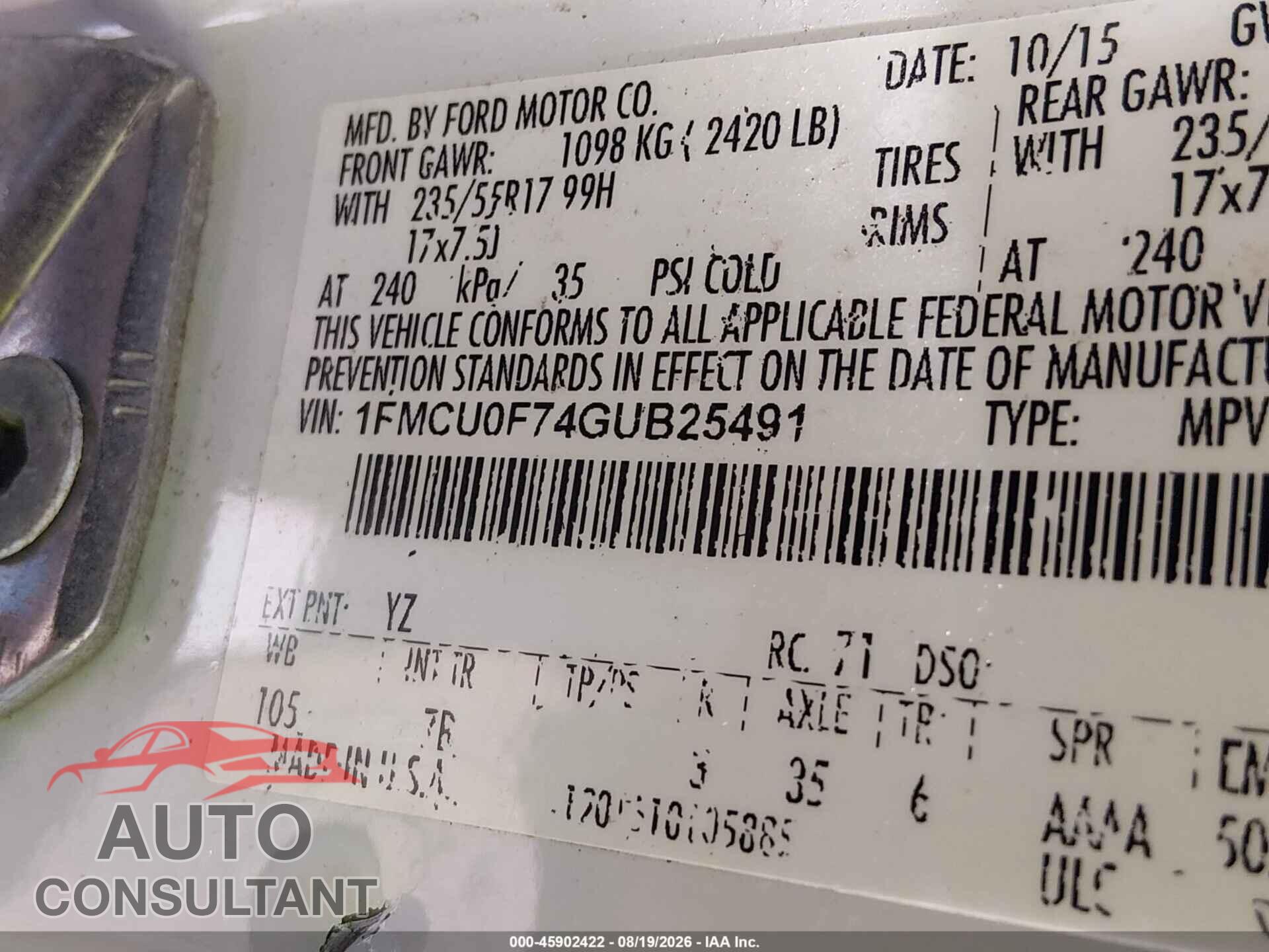 FORD ESCAPE 2016 - 1FMCU0F74GUB25491