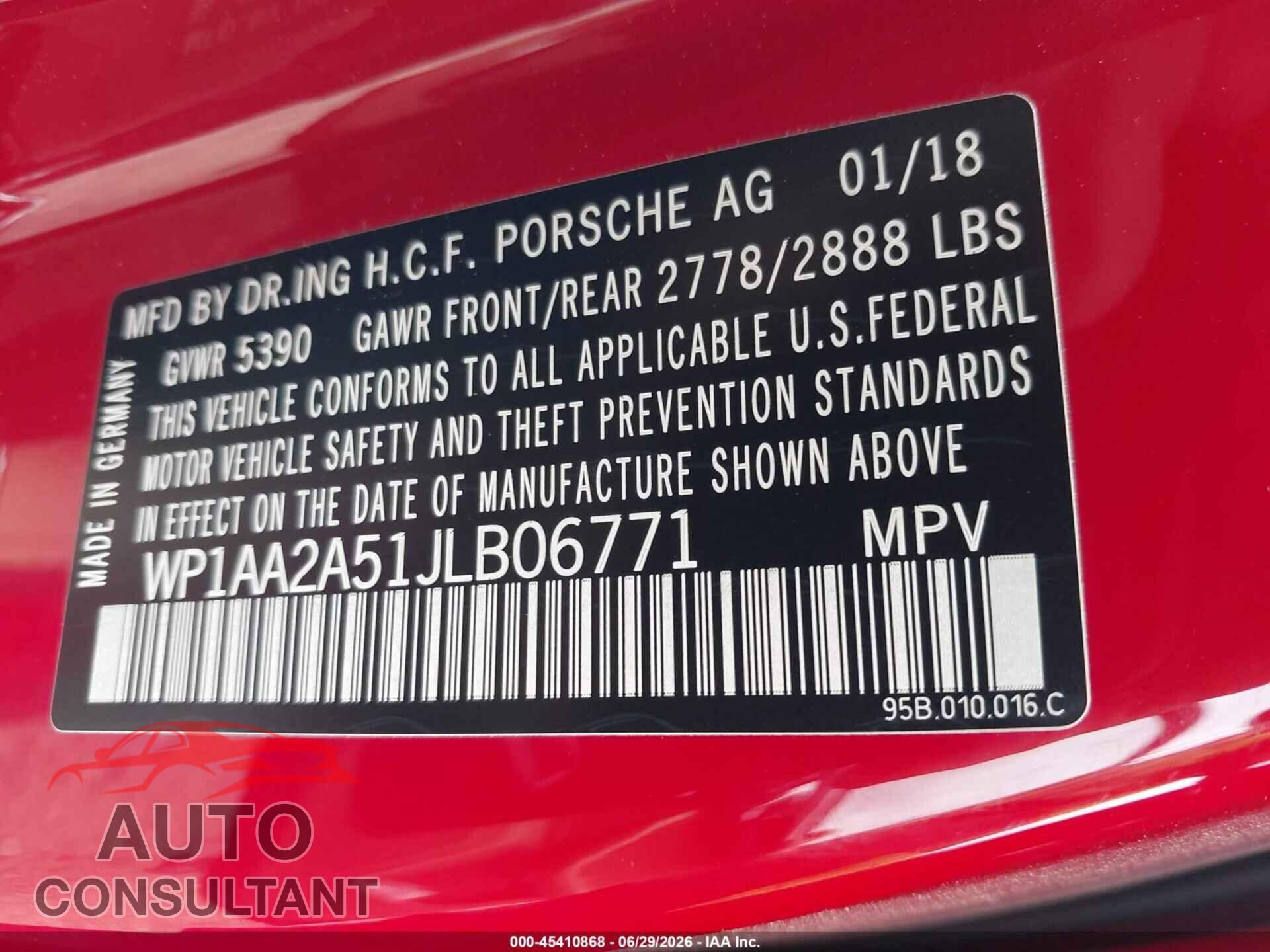 PORSCHE MACAN 2018 - WP1AA2A51JLB06771