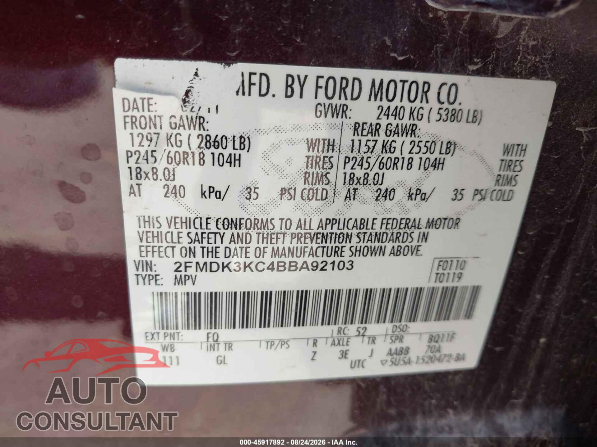 FORD EDGE 2011 - 2FMDK3KC4BBA92103