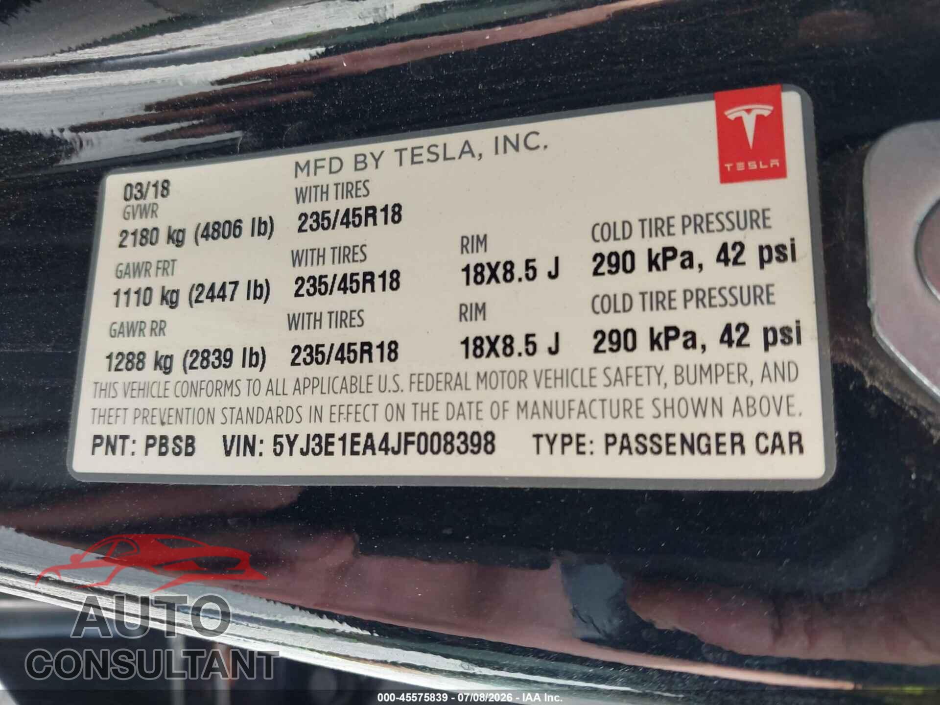TESLA MODEL 3 2018 - 5YJ3E1EA4JF008398
