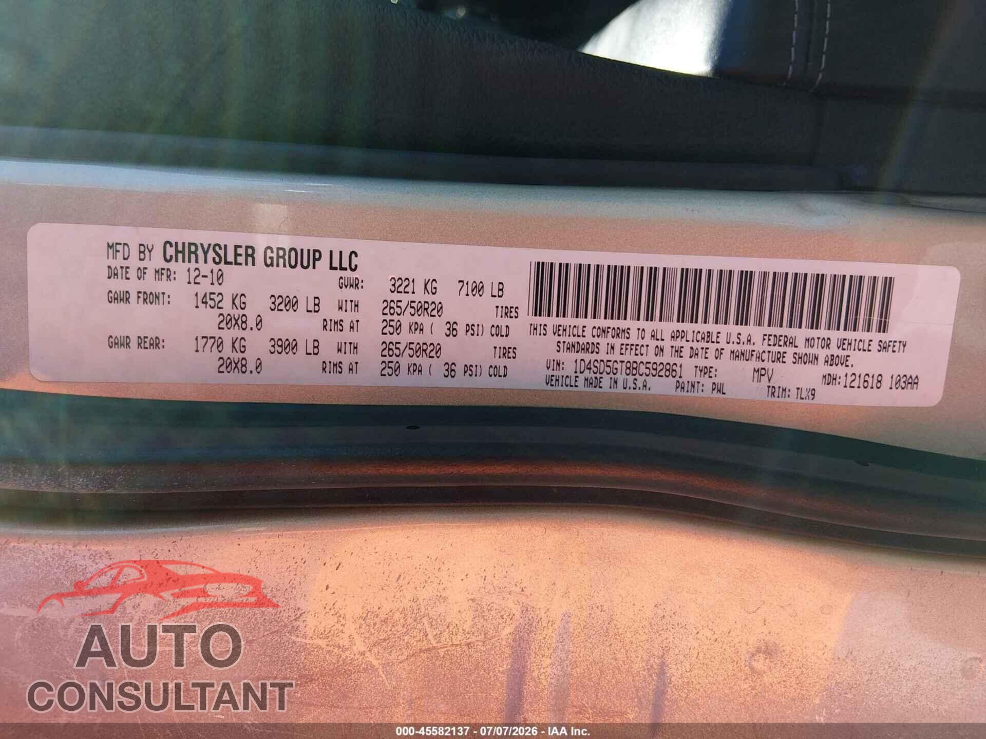 DODGE DURANGO 2011 - 1D4SD5GT8BC592861