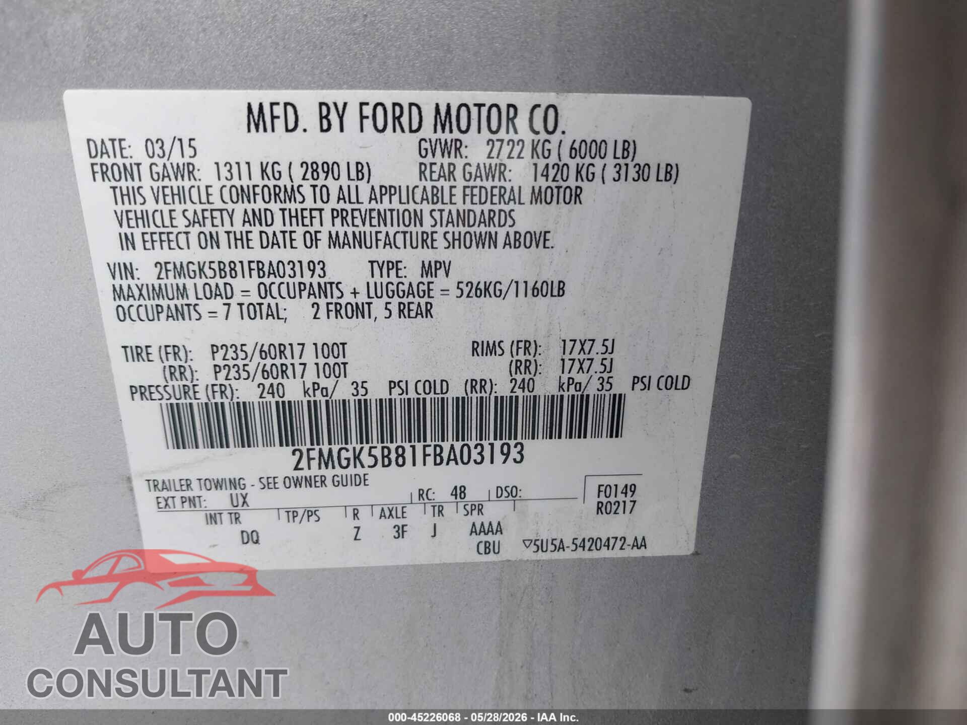FORD FLEX 2015 - 2FMGK5B81FBA03193