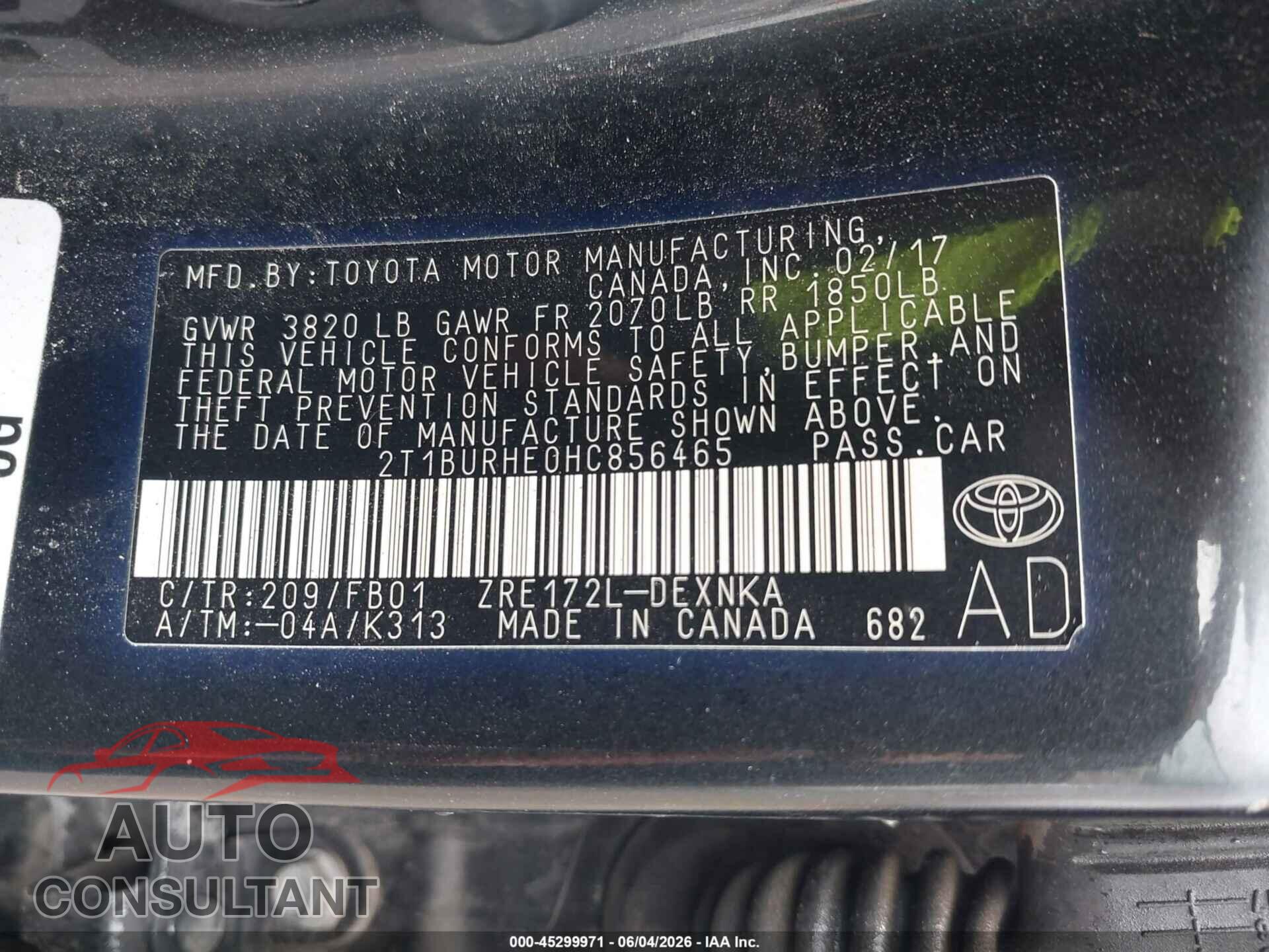 TOYOTA COROLLA 2017 - 2T1BURHE0HC856465