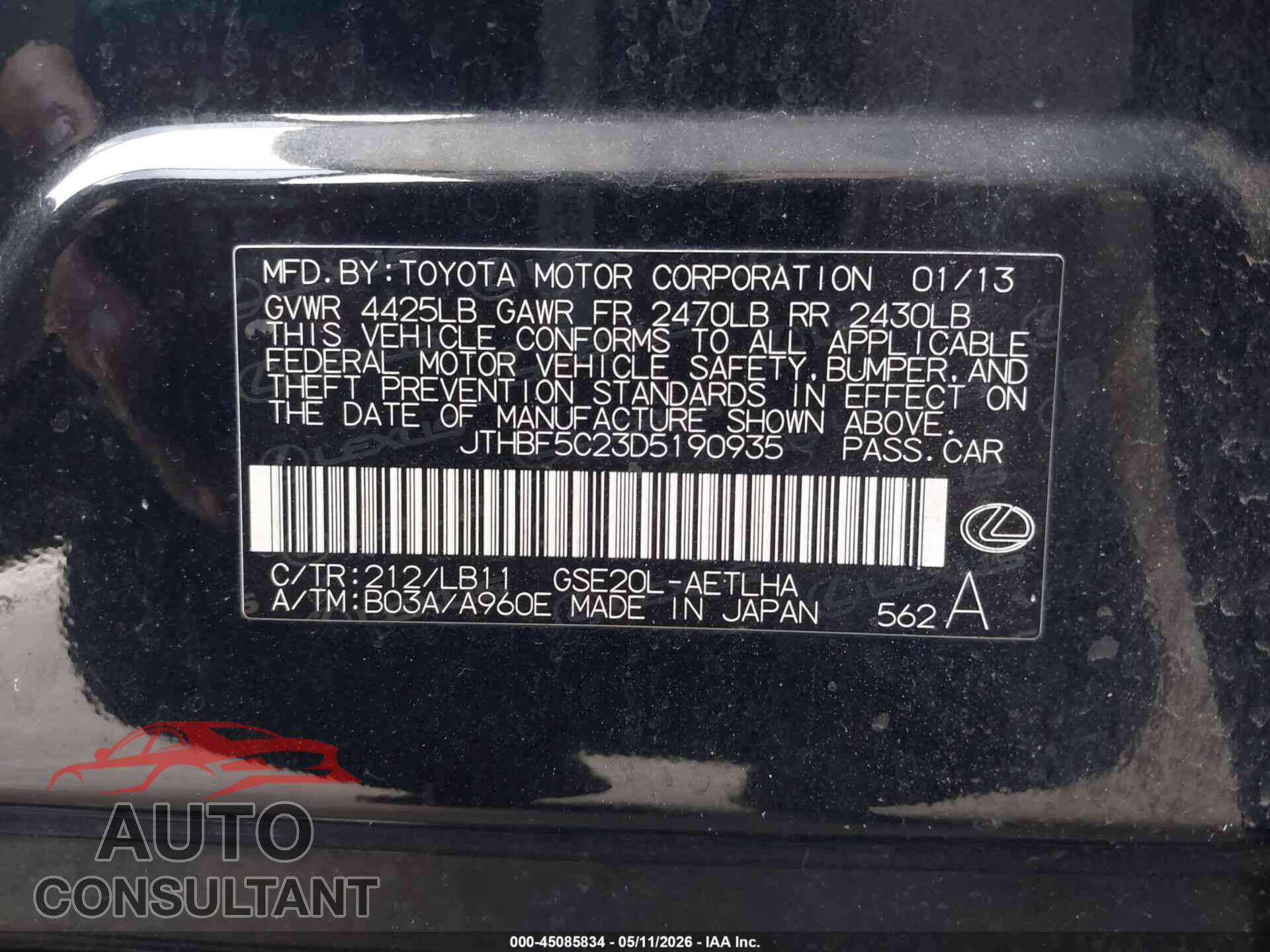 LEXUS IS 250 2013 - JTHBF5C23D5190935