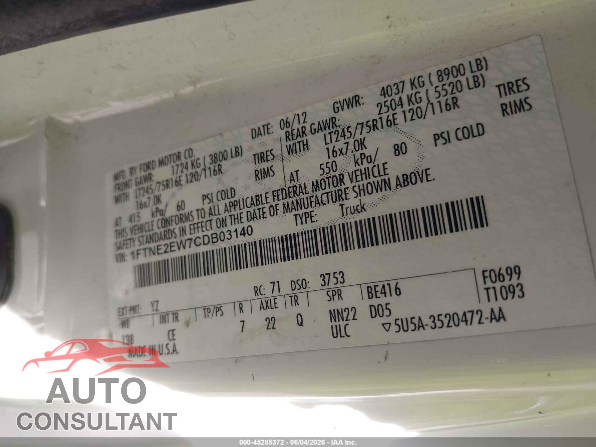 FORD E-250 2012 - 1FTNE2EW7CDB03140