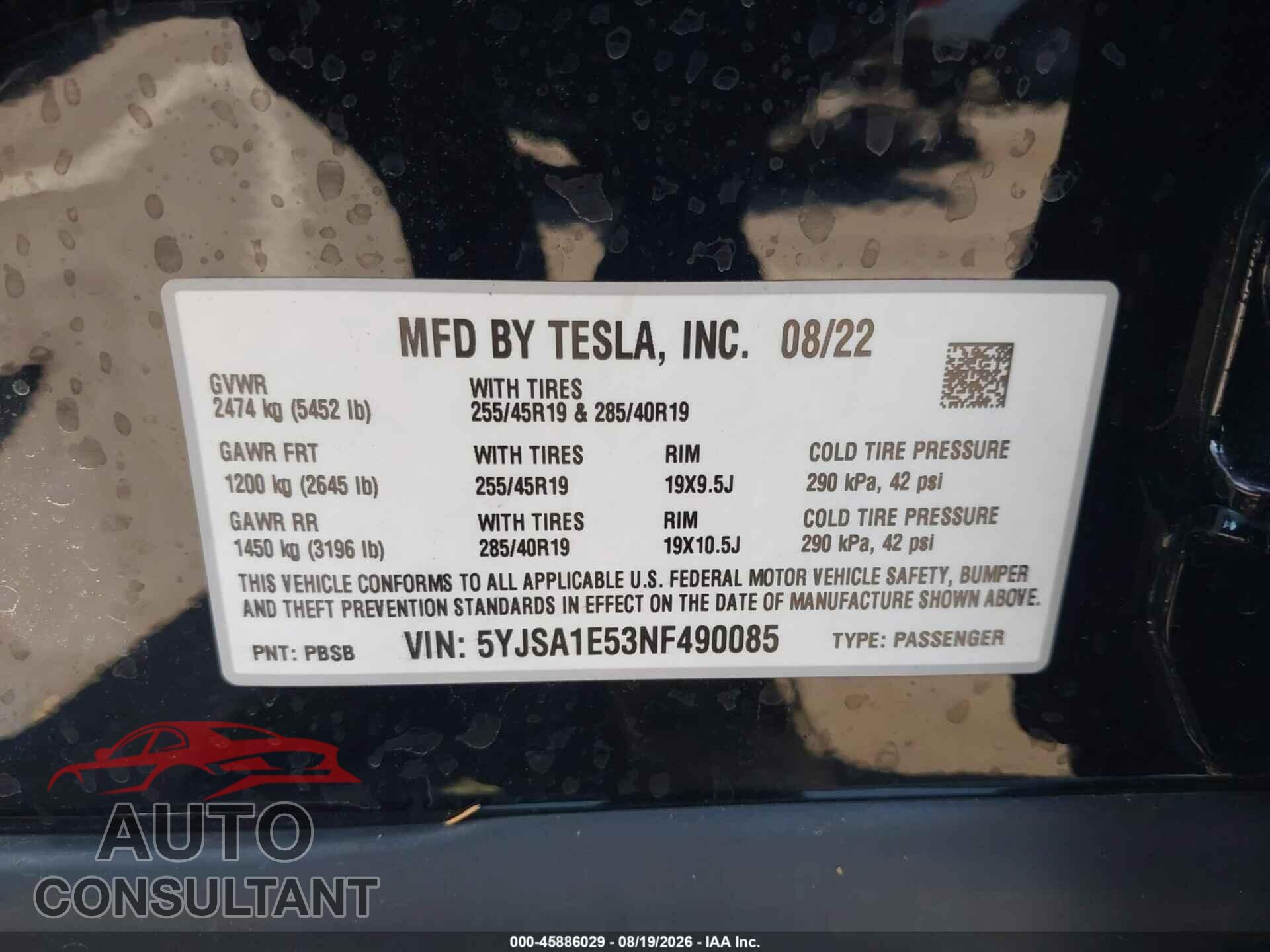 TESLA MODEL S 2022 - 5YJSA1E53NF490085